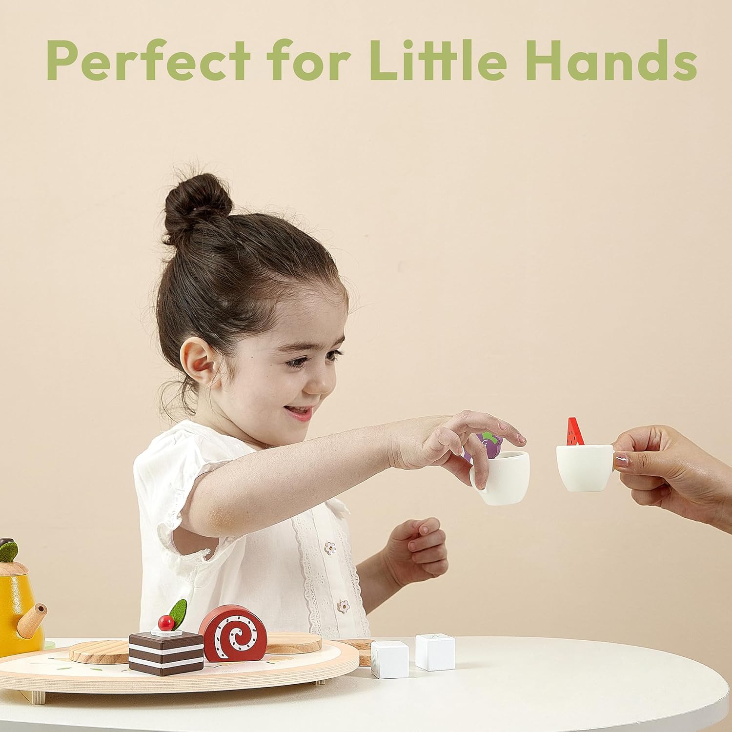 PairPear Wooden Tea Party Set for Little Girls, Kids Tea Sets for Toddler 3-5, 20pcs Pretend Play Fruit Tea Playset Kitchen Accessories Wooden Toys Food for Christmas Birthday