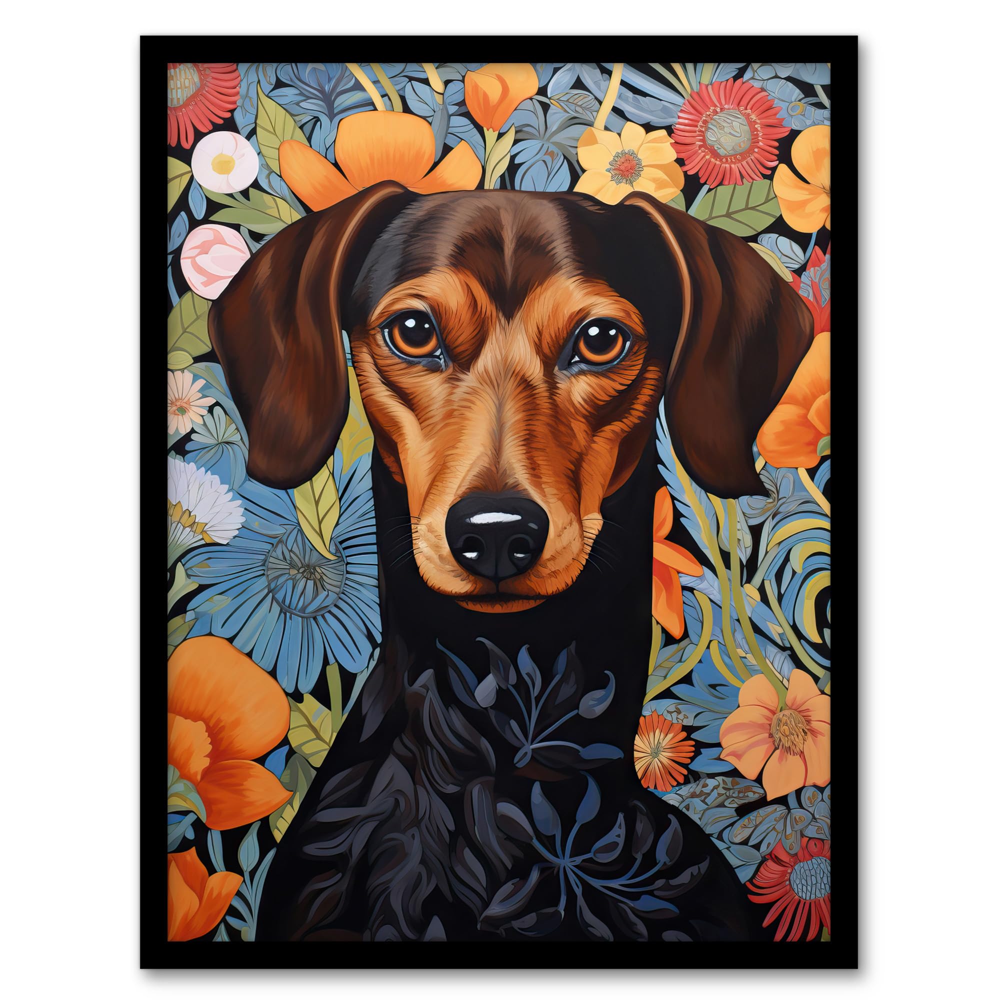 Dachshund Dog Wall Art Print - William Morris Style Floral Pattern - Artery8 Framed Artwork - A4 Size - Black