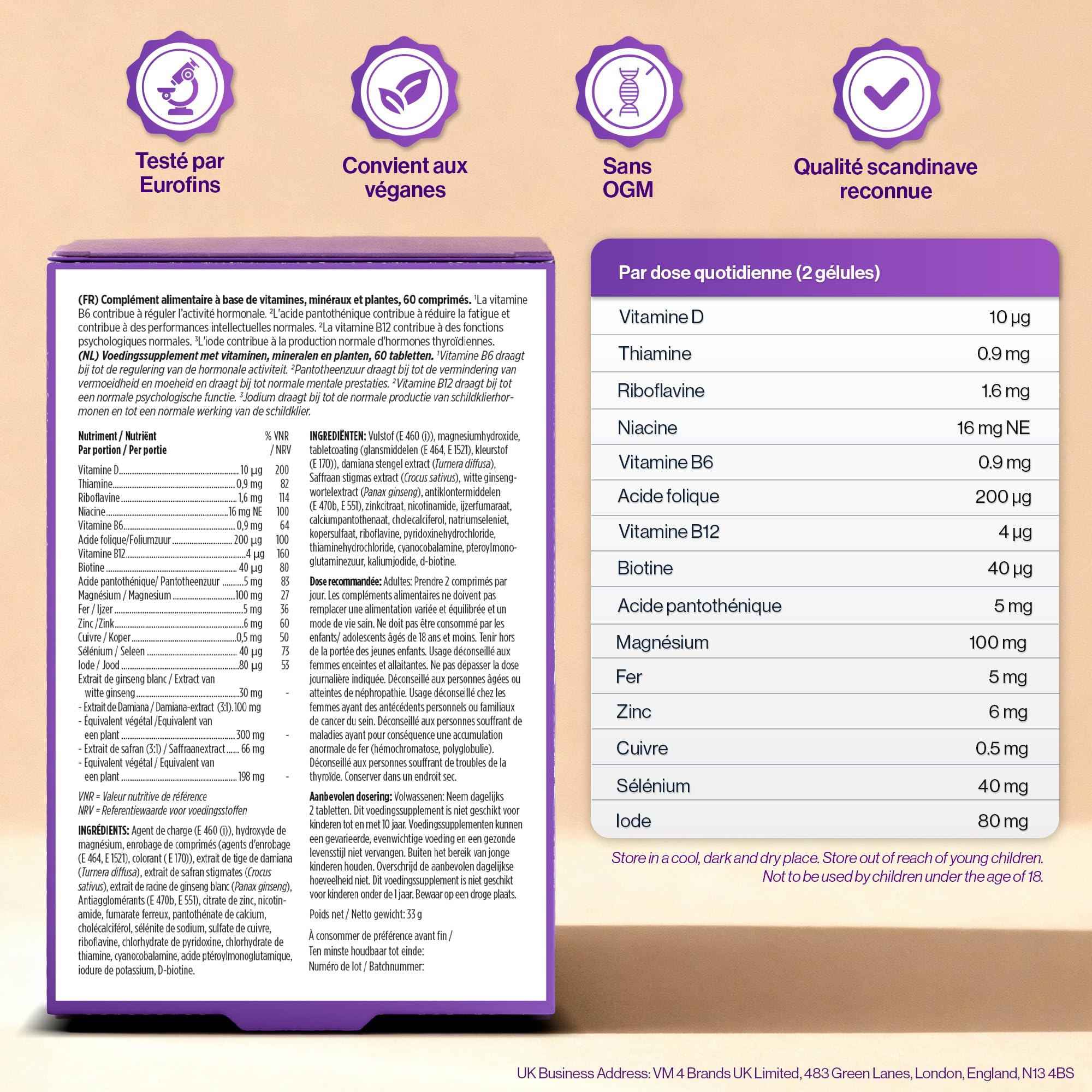 4 HER Périménopause Compléments et Vitamines Femme – Équilibre Hormonal, Safran et Ginseng – avec Vitamine B6 pour Fatigue & Activité Hormonale – 60 Comprimés Vegan (Cure 1 Mois) – GMP Certifié