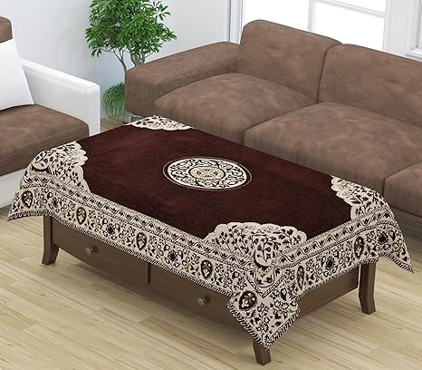 FURNISHING HUT Luxurious Attractive Floral Design Chenille Velvet 4 Seater Center Table Cover -Coffee,36x54 inch