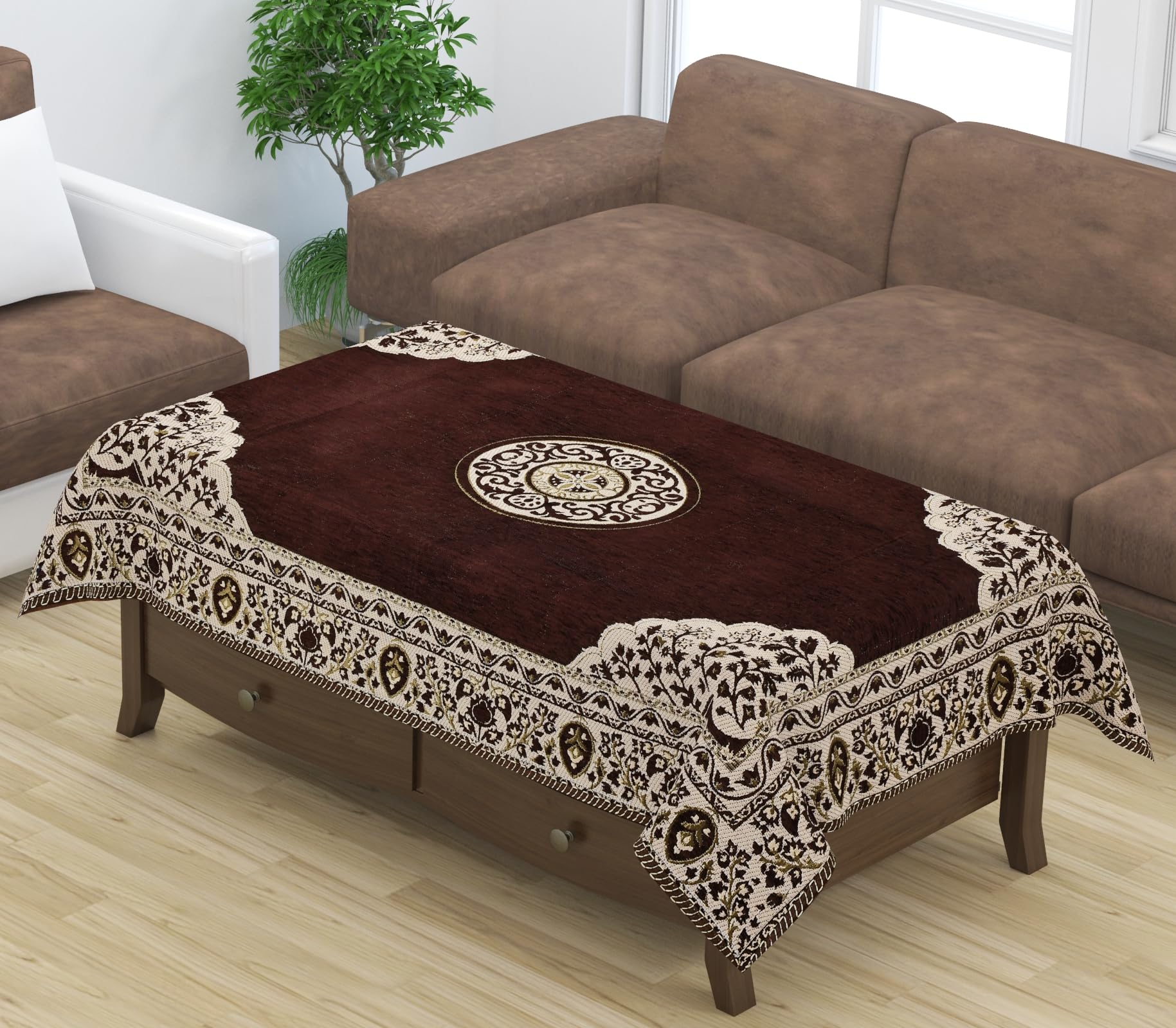 FURNISHING HUT Luxurious Attractive Floral Design Chenille Velvet 4 Seater Center Rectangular Table Cover -Coffee,36X54 Inch-image-17