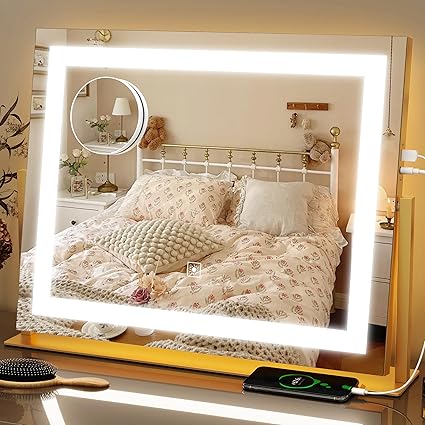 FENNIO Vanity Mirror with Lights 22''x18'' Makeup Mirror with Lights,Lighted Makeup Mirror with 10X Magnification and USB,Smart Touch Screen with 3-Color Lighting,Dimmable(Square Gold)