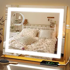 FENNIO Vanity Mirror with Lights 22''x18'' Makeup Mirror with Lights,Lighted Makeup Mirror with 10X Magnification and USB,Smart Touch Screen with 3-Color Lighting,Dimmable(Square Gold)