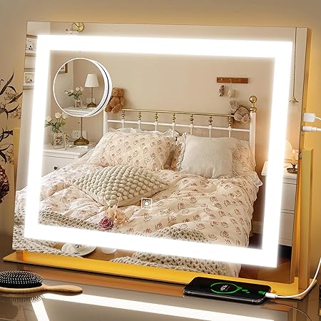 FENNIO Vanity Mirror with Lights 22''x18'' Makeup Mirror with Lights,Lighted Makeup Mirror with 10X Magnification and USB,Smart Touch Screen with 3-Color Lighting,Dimmable(Square Gold)