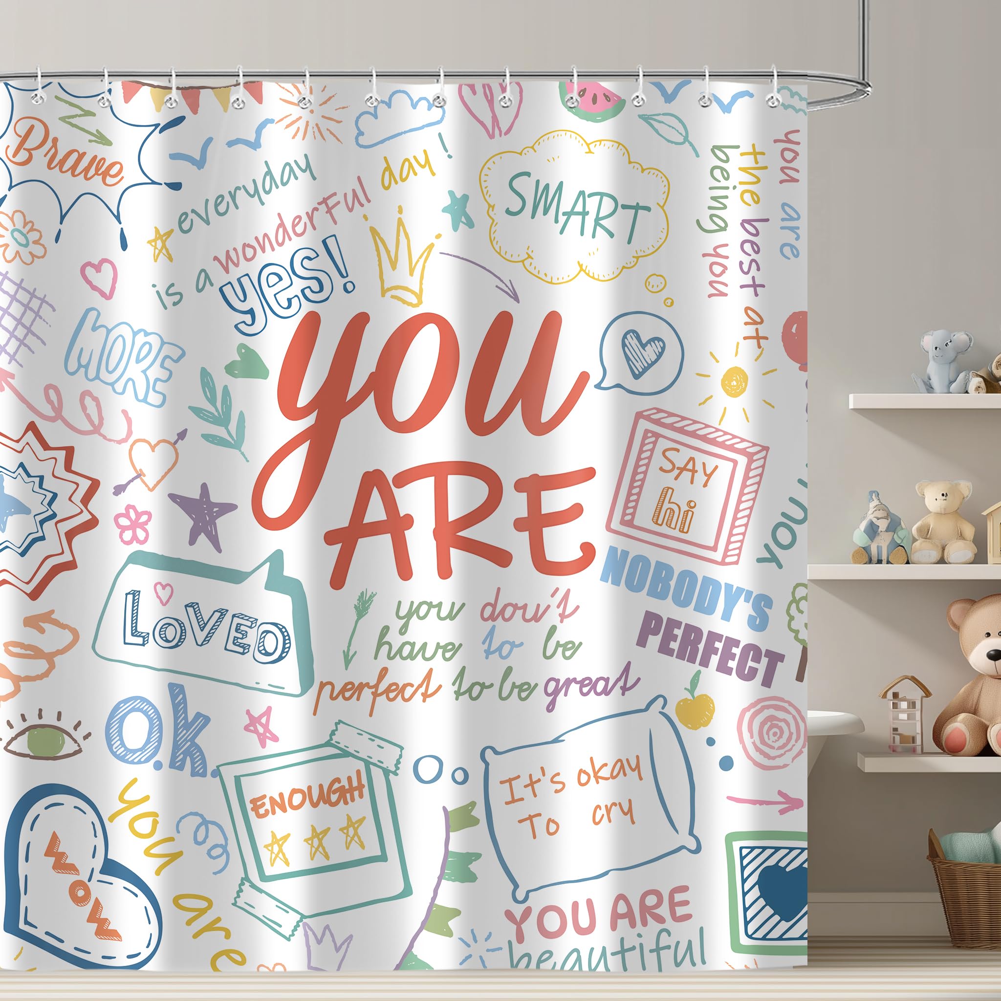 iTapnoom Funny Kids Inspirational Quotes Shower Curtain, Colorful Positive Words Graffiti Artwork Unisex Bathroom Decor Set, Waterproof Polyester Fabric Bath Curtain with Hooks 72x72 Inch