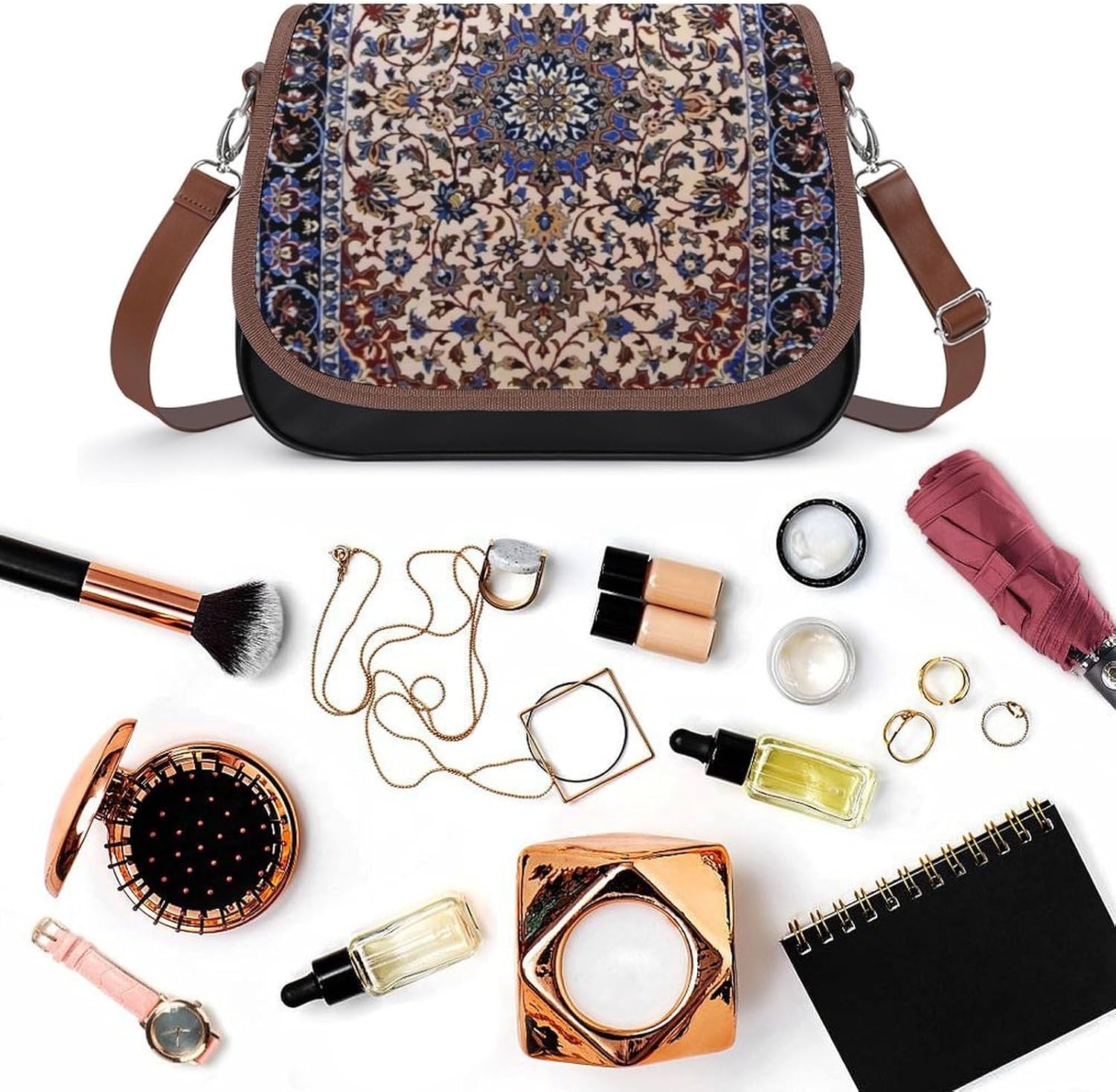 Antique Oriental Pattern, Blue OrientalWomen's Faux Leather Crossbody Bag, Waterproof Wrinkle-Resistant Shoulder Bag with Detachable Strap, Large Capacity Casual Handbag, Fashion Daily Purse for Shopp