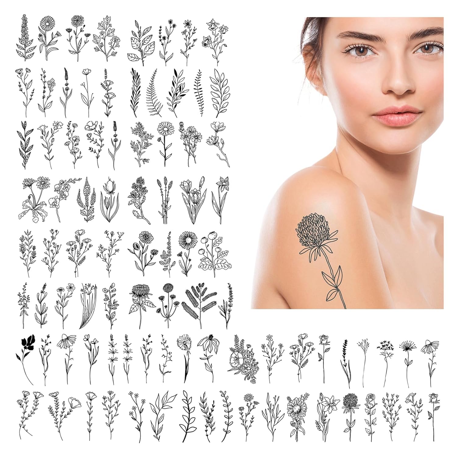 20 Sheets Black Flower Temporary Tattoos for Women, Waterproof Arm Floral Branch Sketch Temporary Tattoos, Adult Last Long Tattoo Stickers