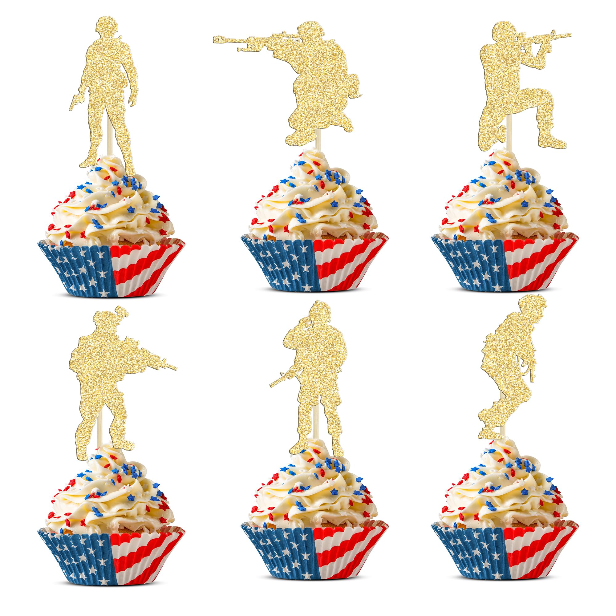 Gyufise 24Pcs Military Soldier Cupcake Toppers Glitter Military Theme Cupcake Picks for Navy Army Special Forces Veteran's Day Men Boys Birthday Party Cake Decorations Supplies Gold