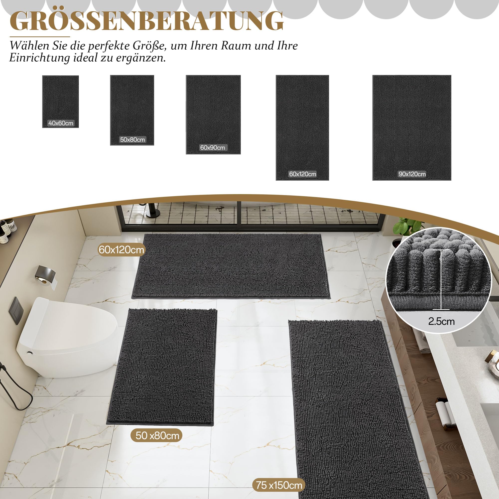 Chenille Badematte | 90 x 120 cm saugfähiger Badezimmerteppich, weicher rutschfester Badteppich aus Chenille, großer waschbarer Duschvorleger