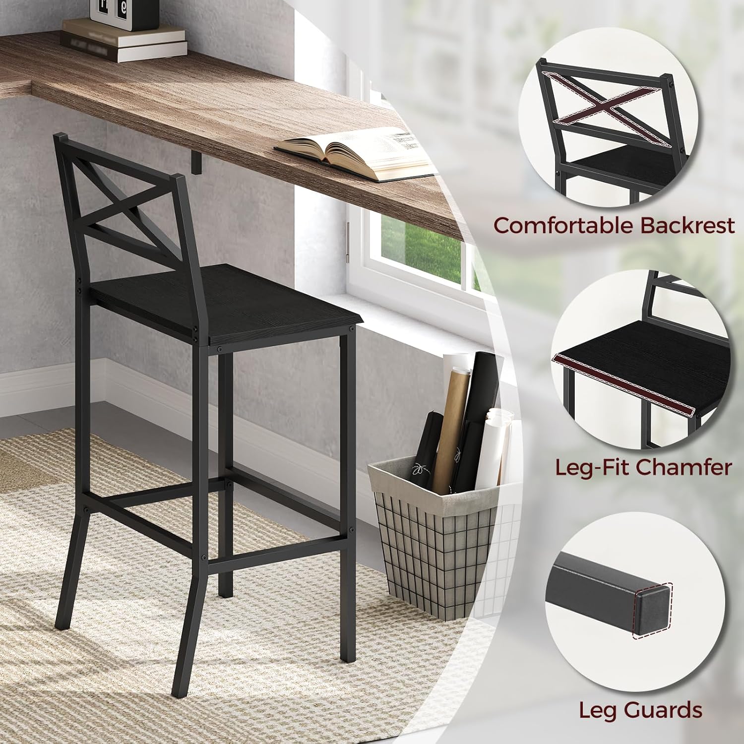MAHANCRIS Bar Stools, Set of 2 Bar Chairs with Backrest and Footrest, 26" Tall Counter Bar Stools, Kitchen Breakfast Bar Chairs, for Dining Room, Black BABK94501