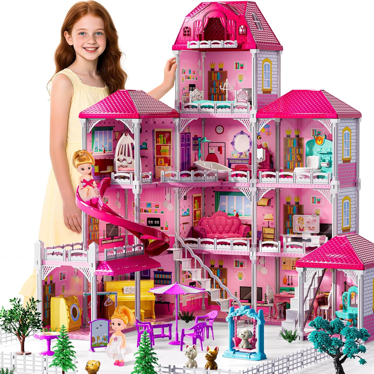 Villa Playset for Girls Ages 3-7, 4-Story 12 Room House with 2 Dolls, Furniture and Accessories, Indoor Playset Girls Toys for Ages 6-8, Pretend Toddler Toy, Birthday Gifts for Kids 4-8 12 Rooms and 33 Furniture