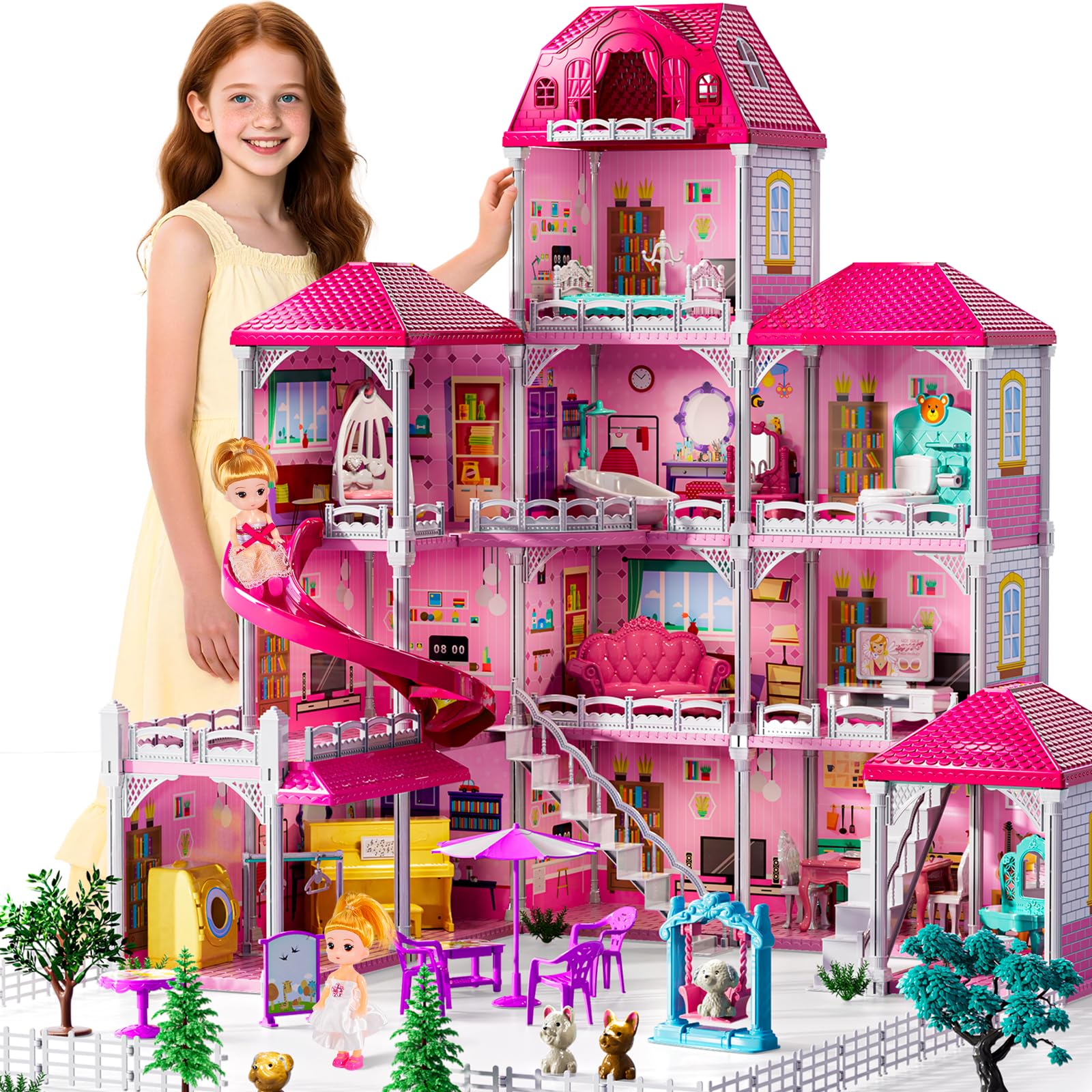 Villa Playset for Girls Ages 3-7, 4-Story 12 Room House with 2 Dolls, Furniture and Accessories, Indoor Playset Girls Toys for Ages 6-8, Pretend Toddler Toy, Birthday Gifts for Kids 4-8