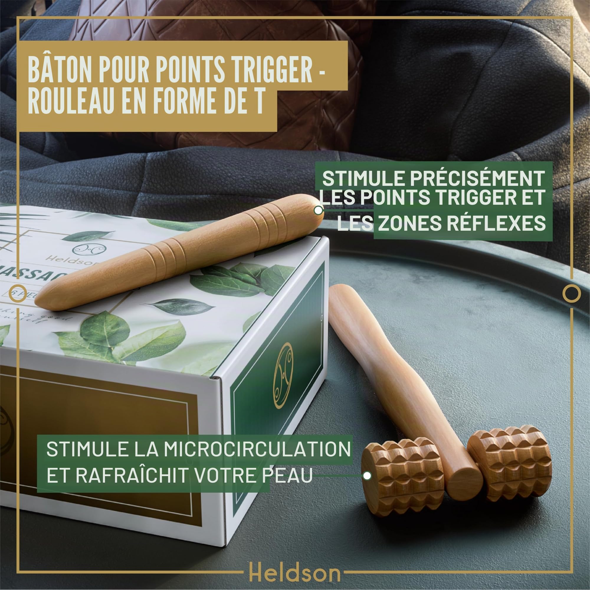 HELDSON® Kit de massage en bois de qualité supérieure [6 pièces] FSC® 100% – Outils pour massage des pieds et de la tête – Bouton de déclenchement