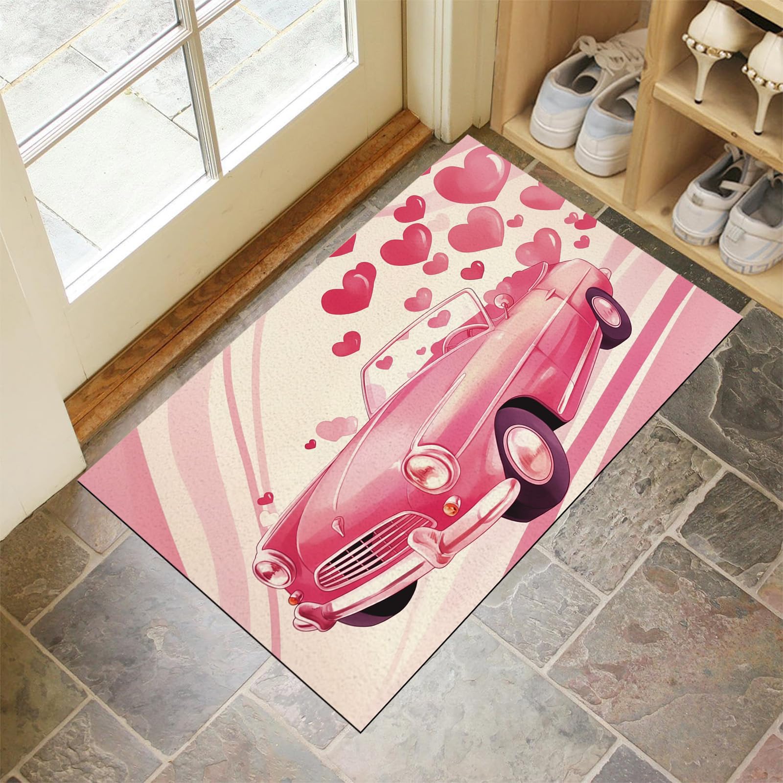 Tapis lavable et résistant au motif voiture d'amour romantique pour l'entrée
