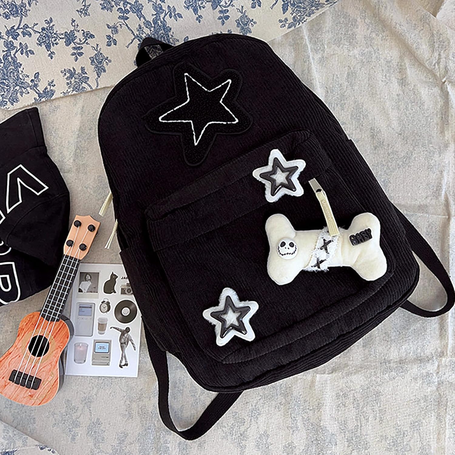 Y2K Star Backpack Cute Casual Daypack for Teen Girls Kawaii Corduroy Bag Trendy Aesthetic Backpack Daily Back Pack (Black)