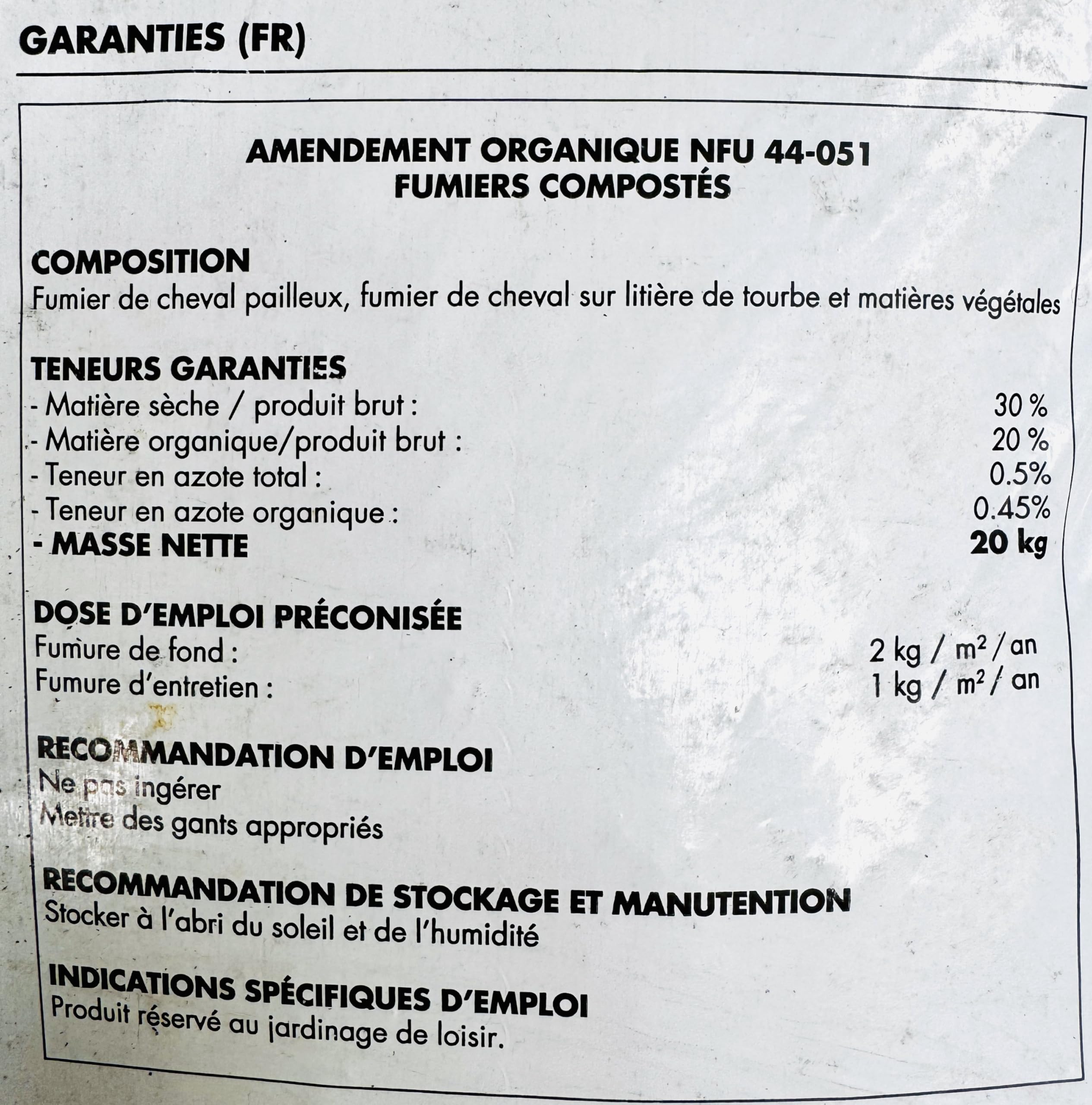 Fumier de cheval composté 20 kg - Amendement organique NF U 44-051 - Engrais naturel pour potager, rosiers, arbres fruitiers, gazon et fleurs