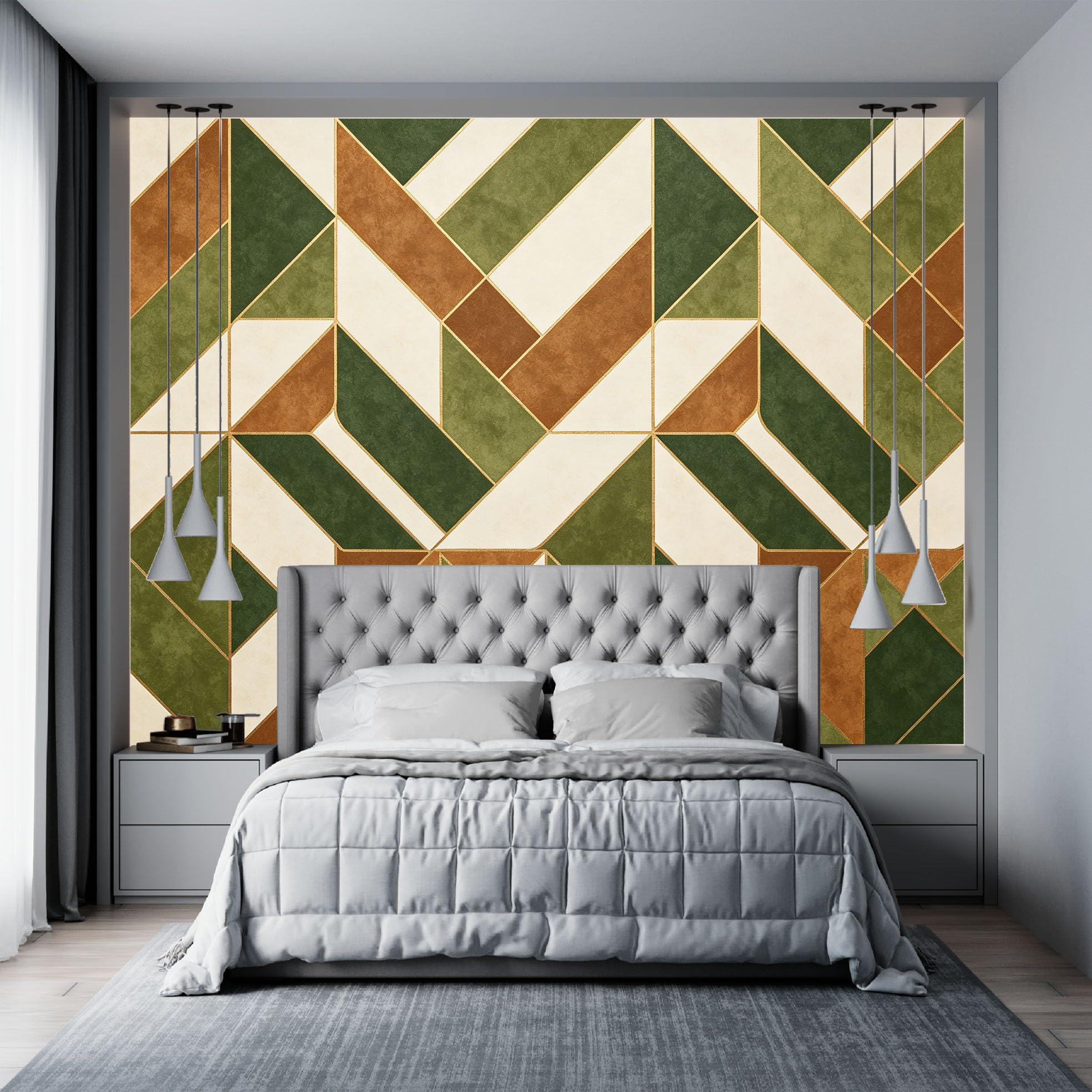 Genérico Papel Pintado Geométrico Verde Nórdico Sencillo, Autoadhesivo, De Gran Gramaje, Estilo Bohemio, Para Dormitorio, Sala De Estar Y Decoración Del Hogar. 260 Cm (Alto) X 420 Cm (Ancho).