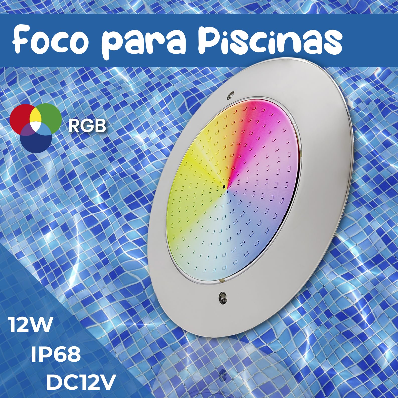 LED ATOMANT Lote de 2 Focos de Piscina LED 12W RGB Impermeable IP68, Ø25cm, Acero Inoxidable, Montaje en Superficie, con Transformador AC 220V/12V DC y Mando a distancia Control Remoto, APP Bluetooth