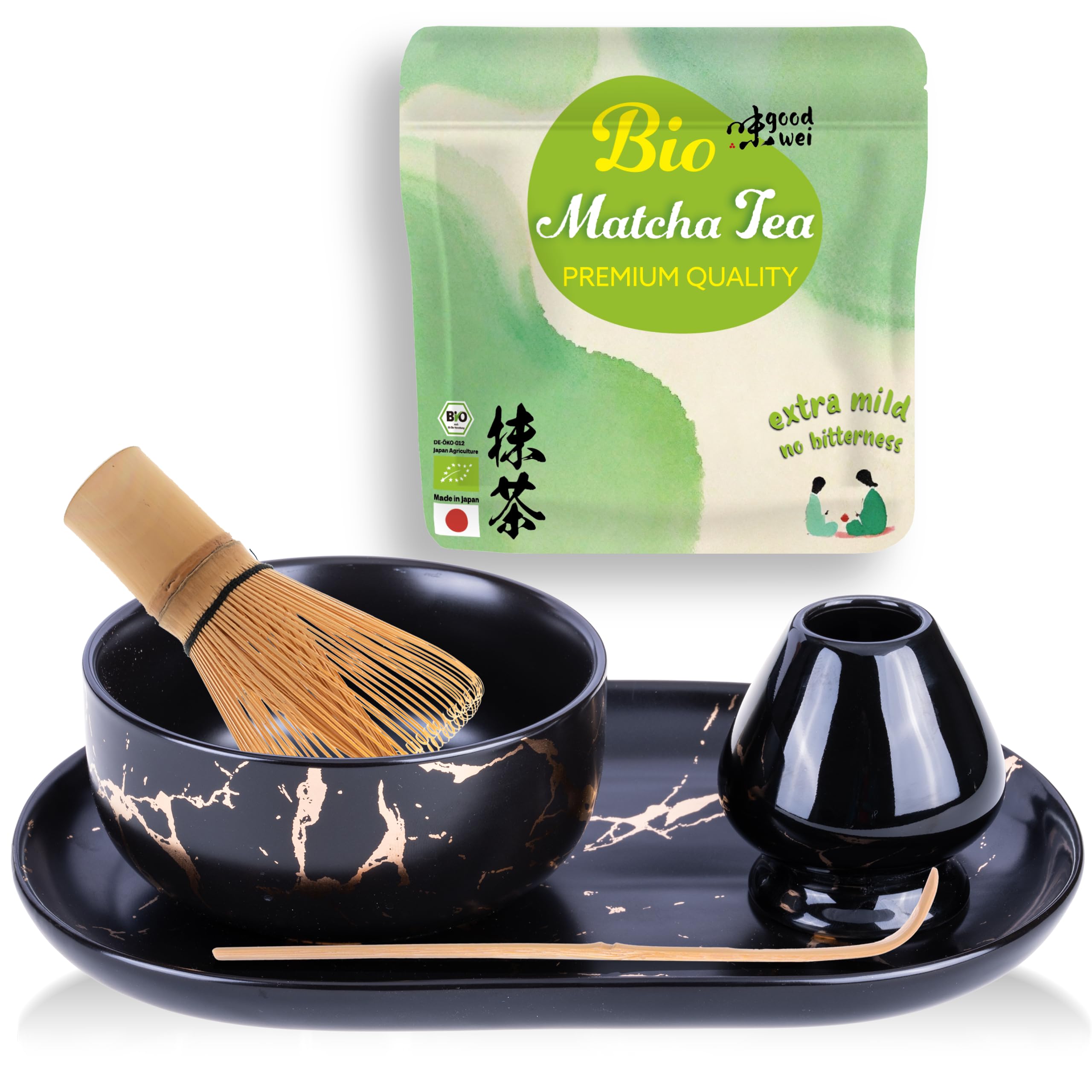 Goodwei zestaw do herbaty Matcha z miotłą, miską do herbaty i japońską herbatą w proszku Bio Matcha - wzór marmurowy (czarny z tacą)
