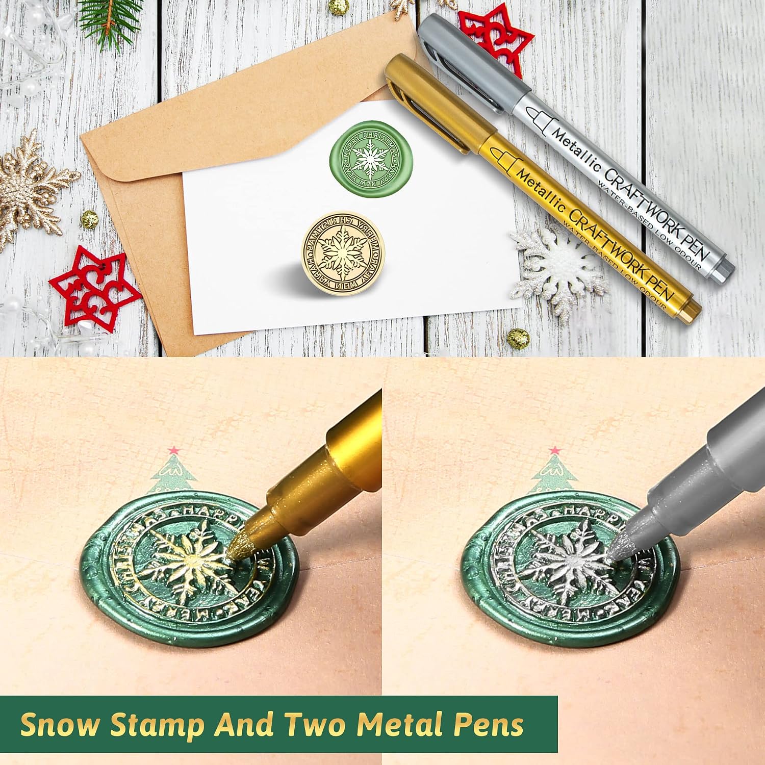 Christmas Wax Seal Kit with Snow Sealing Stamp, 25 Colors Sealing Beads Beginner's Set with Warmer, Xmas Washi Stickers, Envelope, Candle, Wax Seal Stamp Kit for Gift and Craft