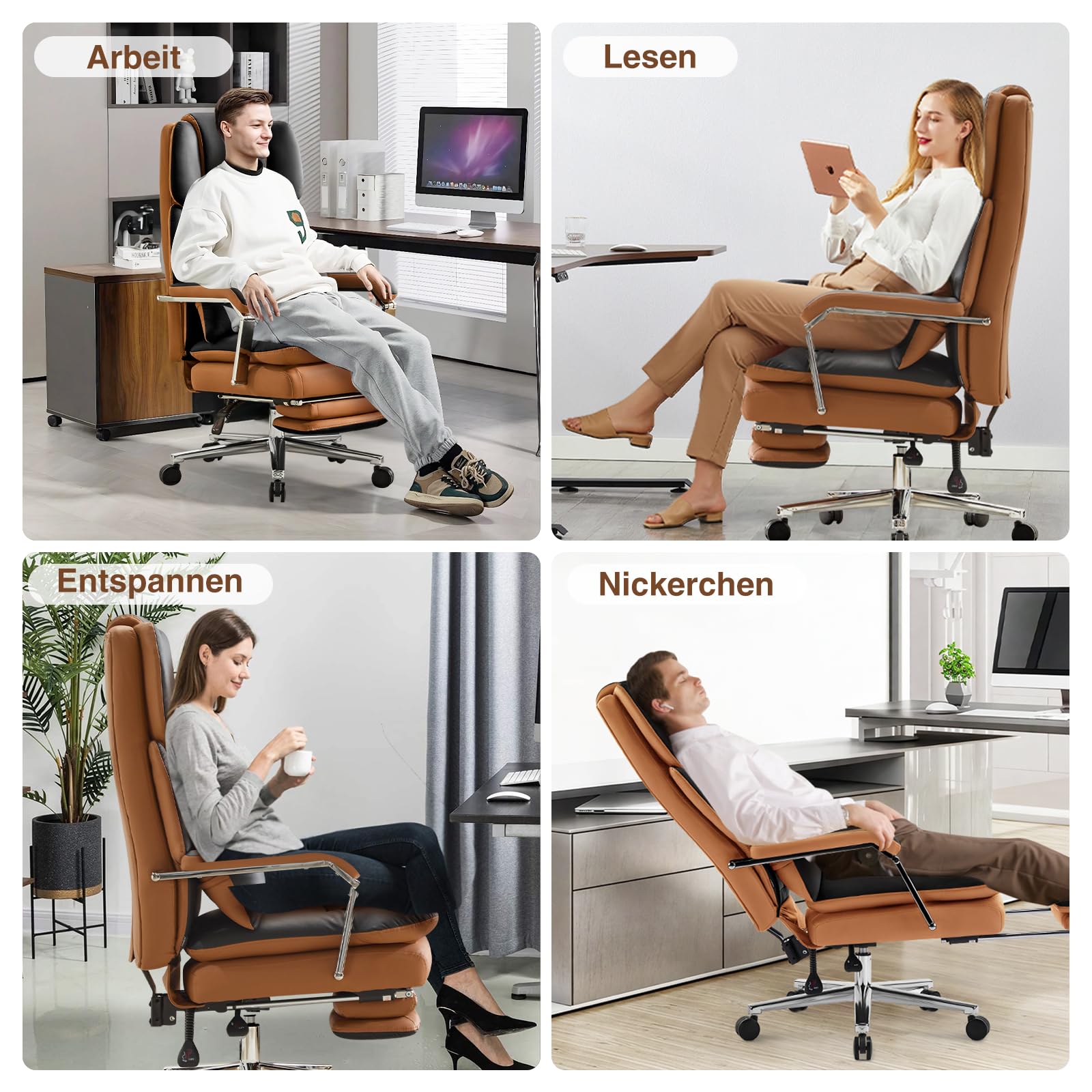 Bürostuhl Ergonomisch, PU Leder Chefsessel, Bürostuhl 200kg mit Fußstütze und Lendenwirbelstütze, Home Office Stuhl Verstellbarer Stuhl mit hoher Rückenlehne, Schwarz
