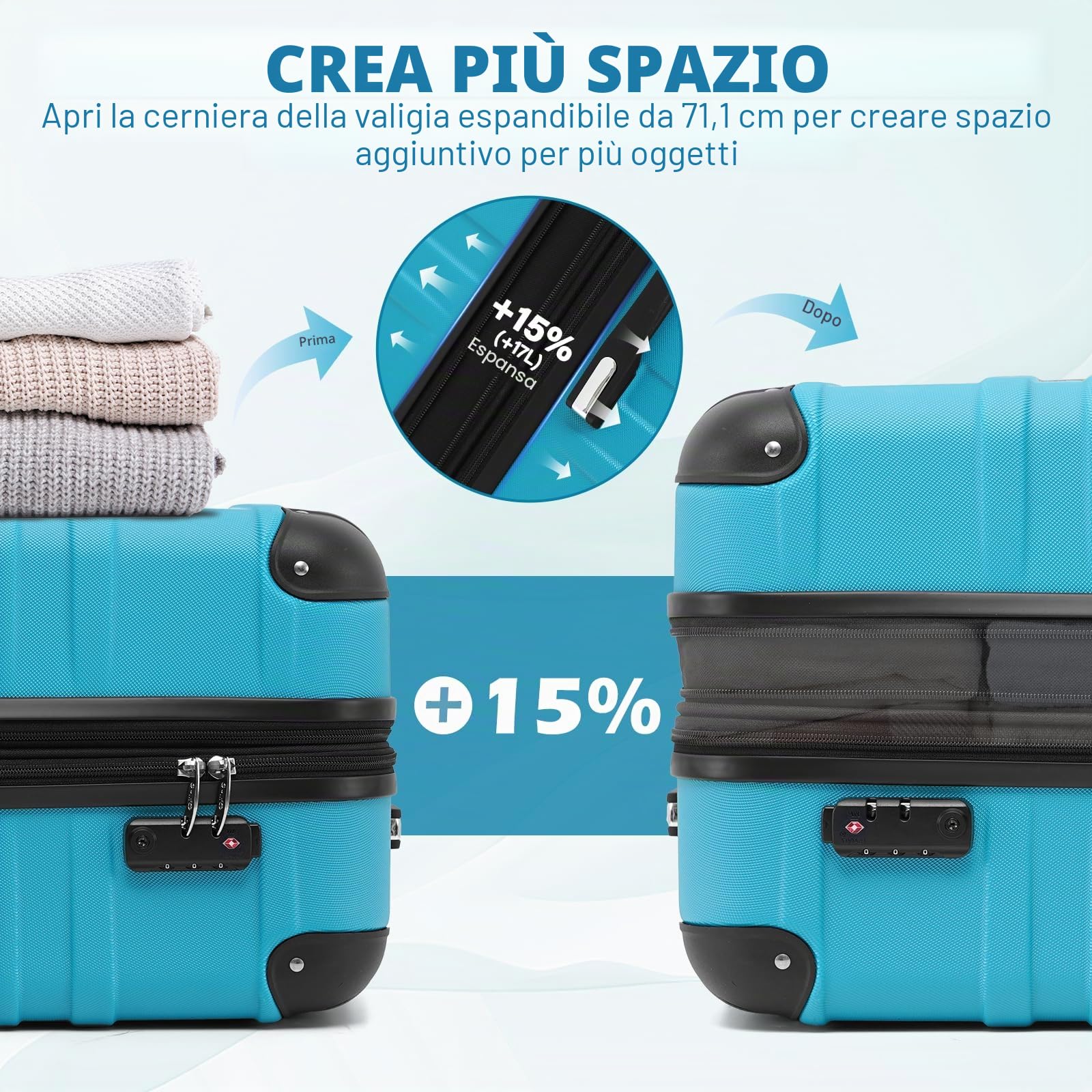 COOLIFE Set di 3 valigie, M+L+XL, guscio rigido in ABS, con lucchetto TSA | Ruote silenziose, maniglia telescopica, cerniere YKK, angoli antiurto, per viaggi in famiglia, periodi di studio all'estero