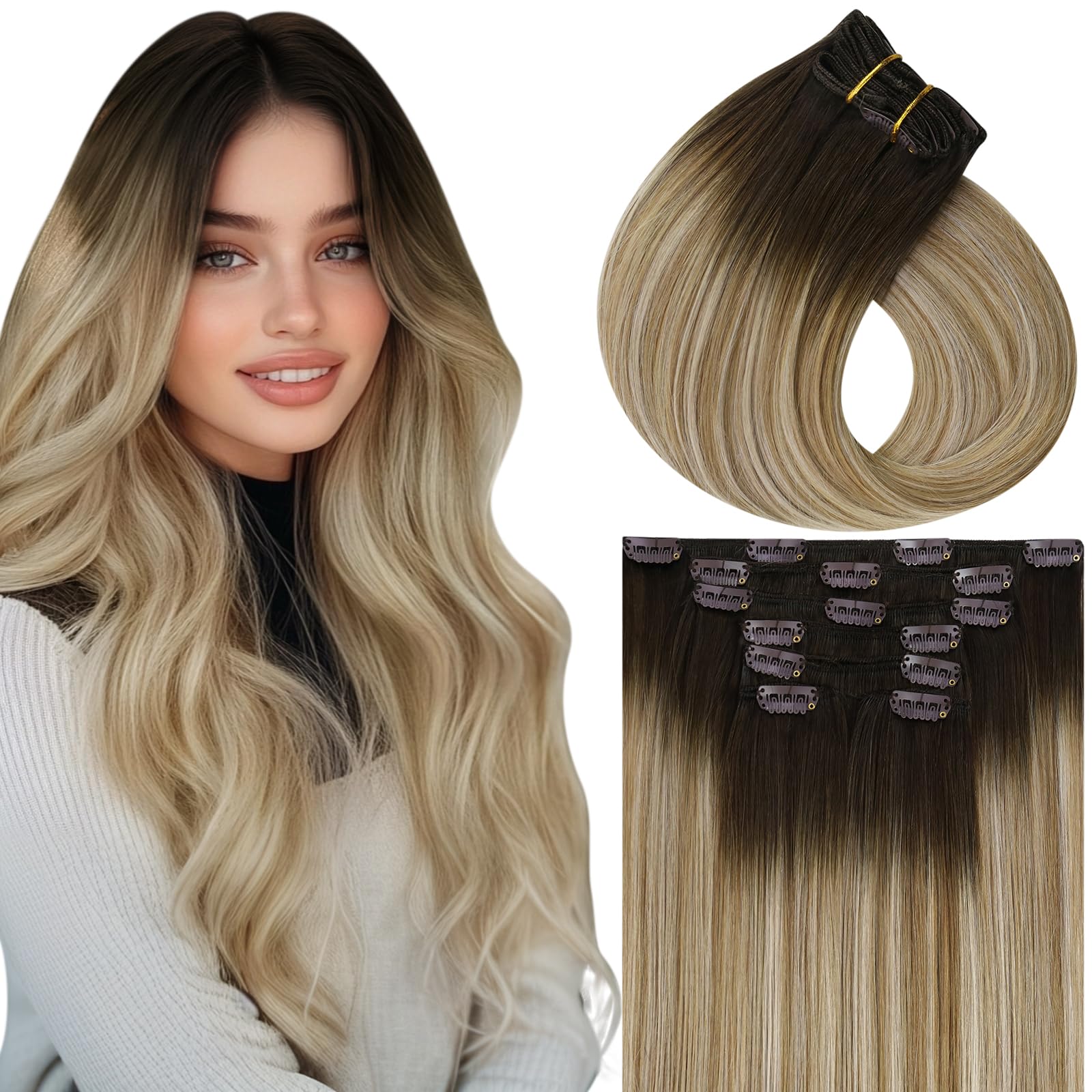 Vivien Brown Clip in Hair Extensions Darkest Brown to Light Brown Balayage Hair Extensions for Women Clip in Hair Extensions Human Hair 22 Inch 120g 7pcs #2/8/2 — view 33