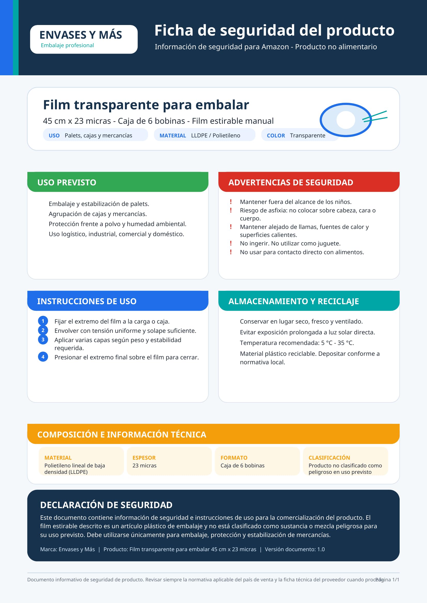 Film Transparente para Embalar 45 cm x 23 Micras, Caja de 6 Bobinas, Film Estirable Manual para Palets, Cajas y Mercancías, Plástico de Embalaje Industrial Resistente