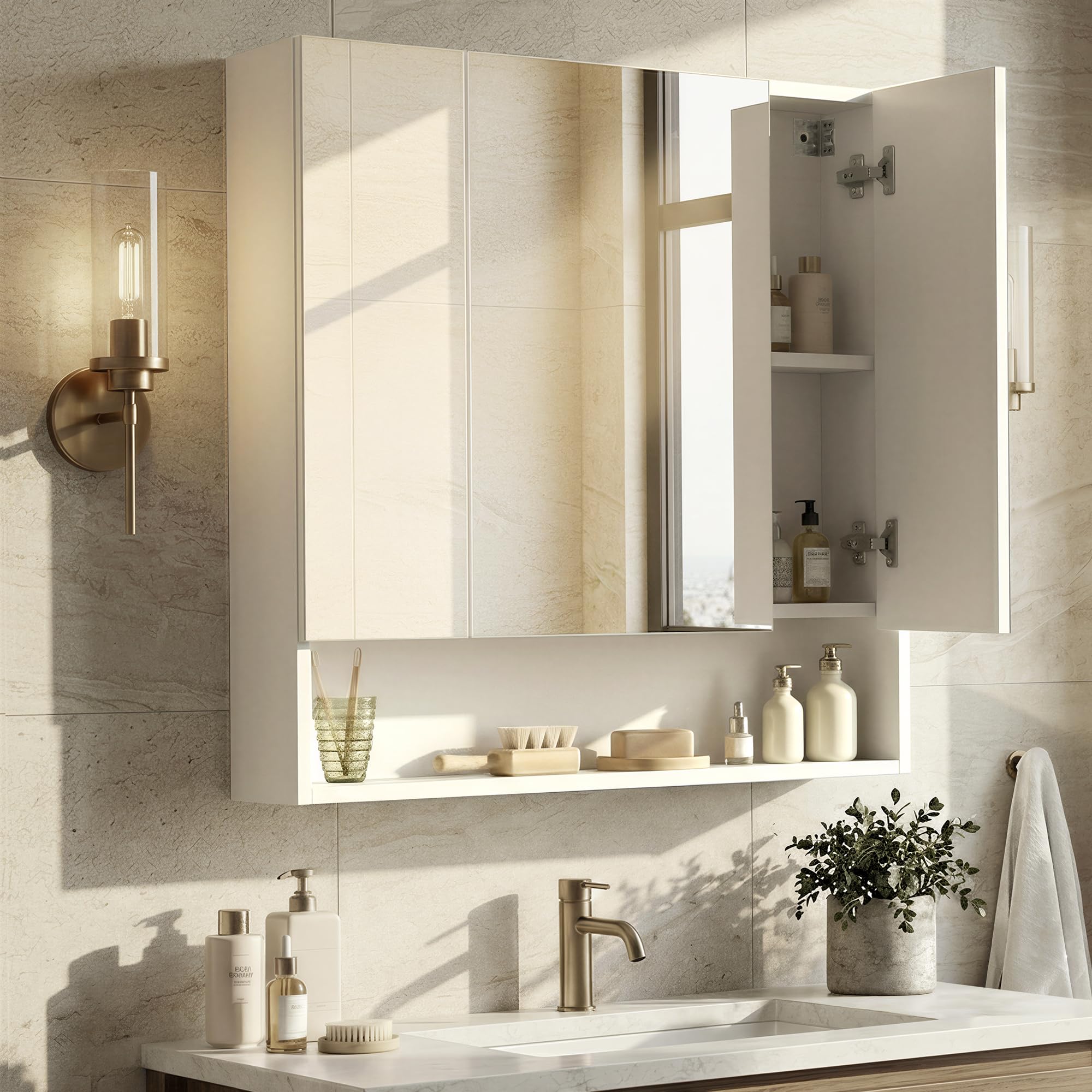 KAILYN Collection - Medicine Cabinet Mirror, Bathroom Wall Mirror Cabinet with Storage, Open Compartment, Adjustable Shelves, 6.5 x 27.6 x 29.5 Inches, Cloud White UBBK129W01