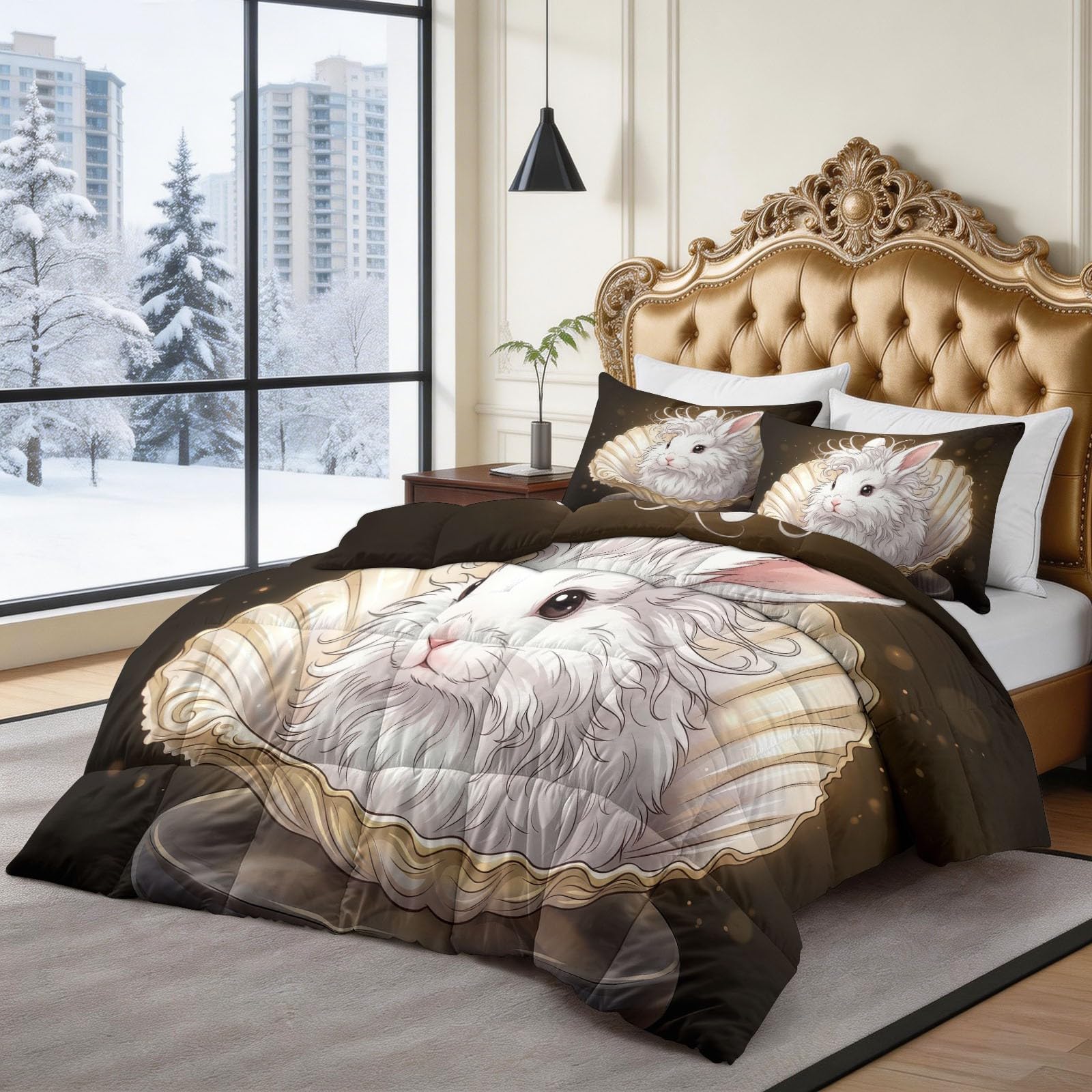 Piumone Invernale Matrimoniale 220 x 240 cm Fantasia Animali Coniglio Bianco Trapunta in Ecopiuma 400 gr/mq, Caldo ed Elegante – Biancheria da Letto Anallergica e Traspirante – Set 3 Pezzi, Beige