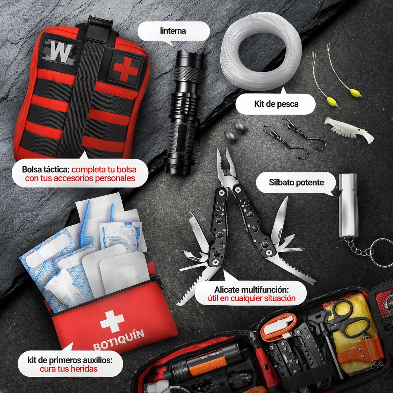 WONCROW ® Kit de Supervivencia + Primeros Auxilios + Mochila Militar - Equipada con Accesorios Multifuncionales para Senderismo Camping Desastres Filtro Agua Gadgets Originales Survival Profesional