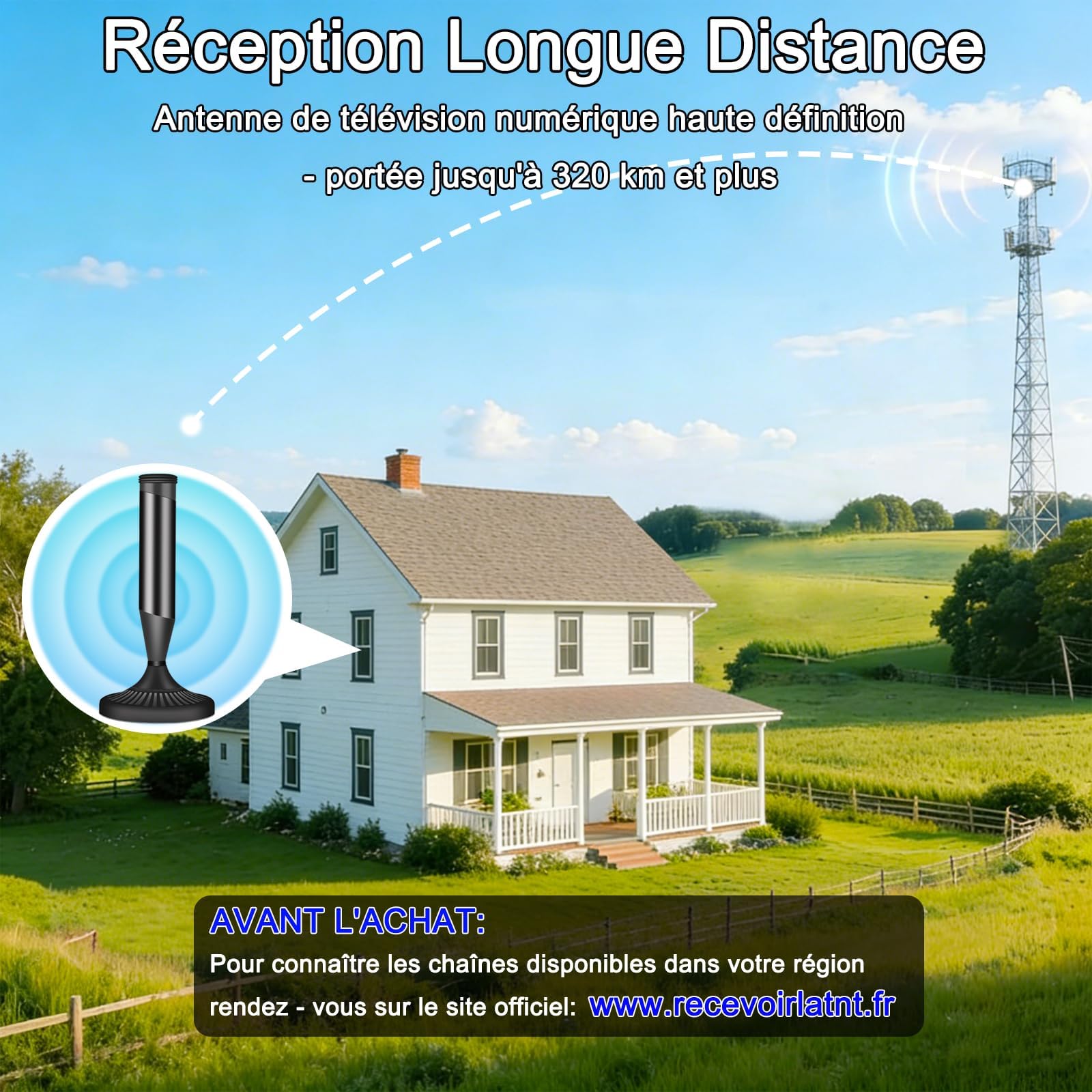 Antenne TV Intérieur Puissante avec Base Magnétique et Amplificateur, Compatible 4K 1080P pour Toutes Les Chaînes Gratuites TNT, Câble Coaxial 5m (Black-410)