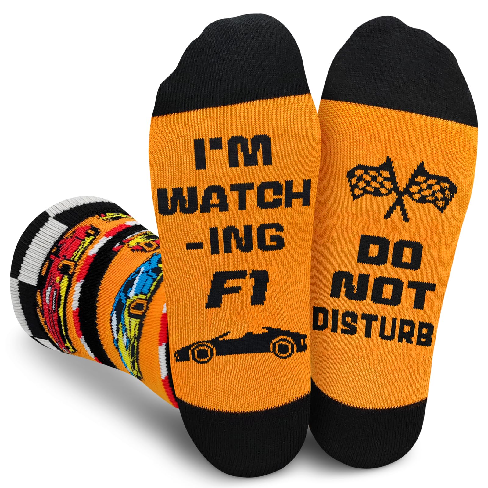 Obidodi Socks for Men, DO NOT DISTURB I'M WATCHING F1, Gifts for Car Lovers, Size 9-12, Racing Fans Christmas Presents Birthday Fathers Day (Orange)