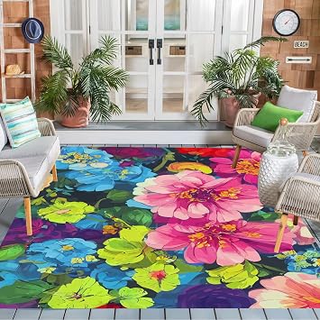 Blue Green Art Deco Floral Flower Pattern Modern Outdoor Rug 2x3 Waterproof Washable Boho Patio Deck Porch Large Area Rug Non Slip Cute Outside Carpet for Garden Camping Backyard