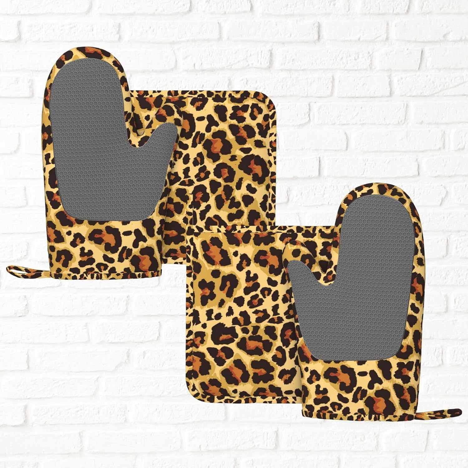 Classic Leopard Print Cheetah Oven Mitts And Pot Holders Sets Of 4, Heat Resistant Silicone Oven Mittens And Potholders Gloves Hot Pads For Kitchen Cooking Baking Grilling Bbq Chef