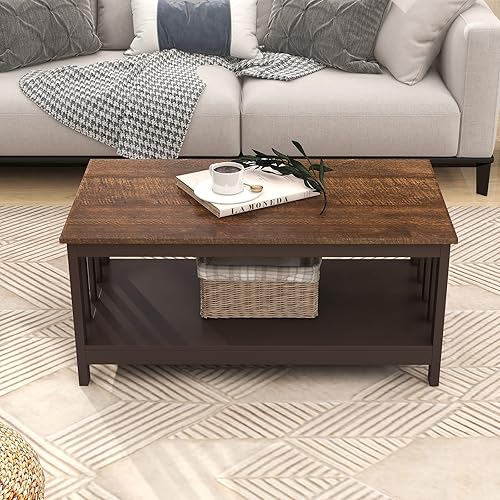 Miniatura 6 de ChooChoo Farmhouse Coffee Table, Espresso Living Room Table with Shelf, 40 Inch Espresso Puro,Negro,Espresso,Roble rústico y negro,Blanco