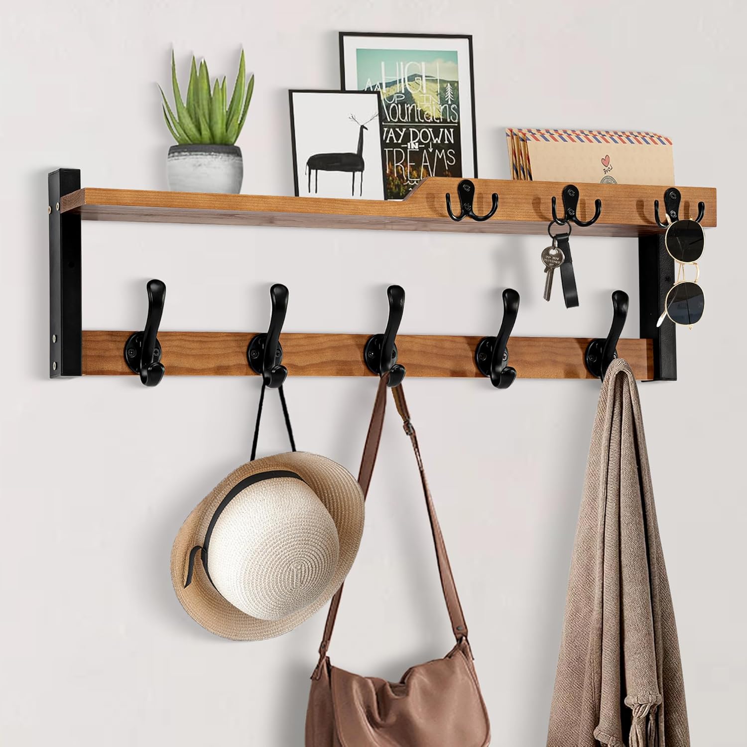 4 in 1 Coat Rack Wall Mount with Shelf, Coat Hooks 25.2" Entryway Coat Hanger with Key Hooks and Mail Holder, Wall Hooks with Shelf, Hat Rack for Wall Key Holder Mail Organizer Brown