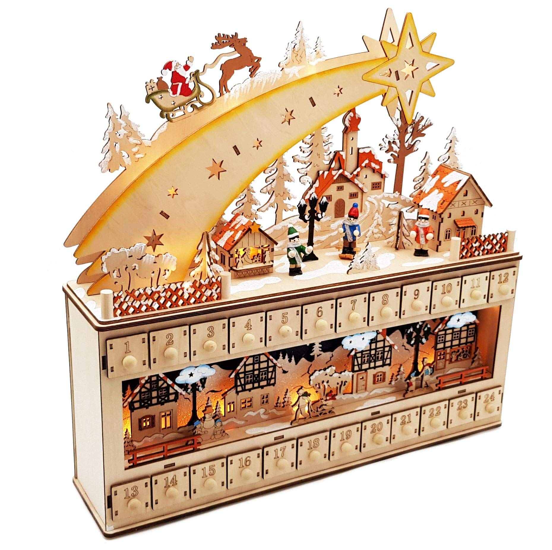 Wichtelstube-Kollektion XL LED Adventskalender Holz zum befüllen beleuchtet Sternschnuppe Lichterbogen Schwippbogen Weihnachten
