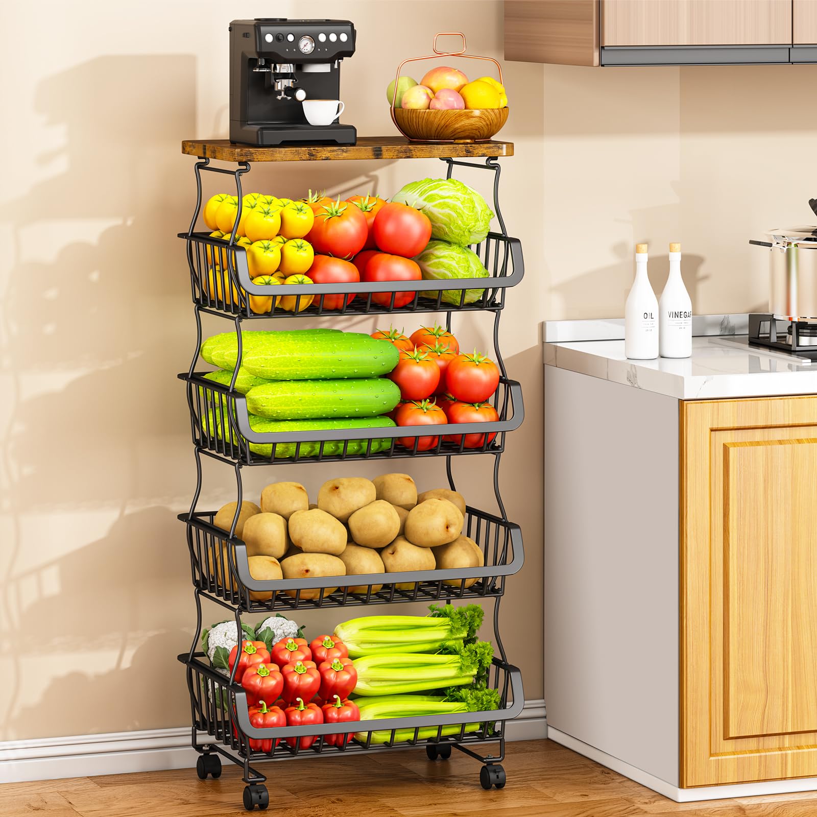 5 Niveaux Organisateur de Cellier Panier à Fruits et Légumes pour Cuisine, pour Étagère, Cuisine, Fruits, Légumes et Salle de Bain Chariot De Rangement à Roulettes