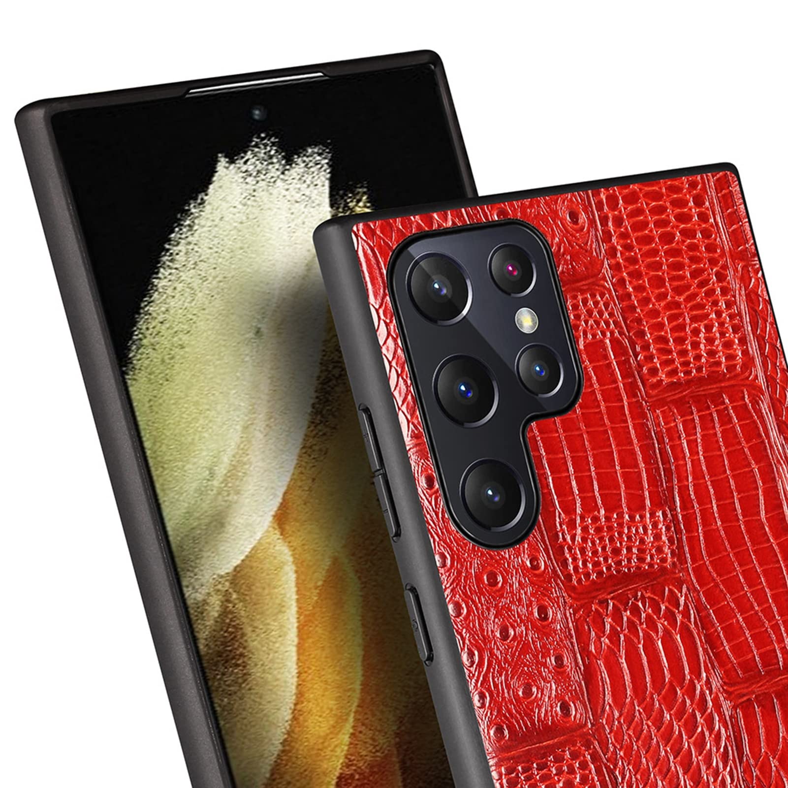 Etui do Samsung Galaxy S22/S22 Plus/S22 Ultra, elegancka prawdziwa skóra, miękki uchwyt, tylna obudowa z miękką silikonową krawędzią, odporne na wstrząsy etui ochronne, czerwone, S22 6,1"