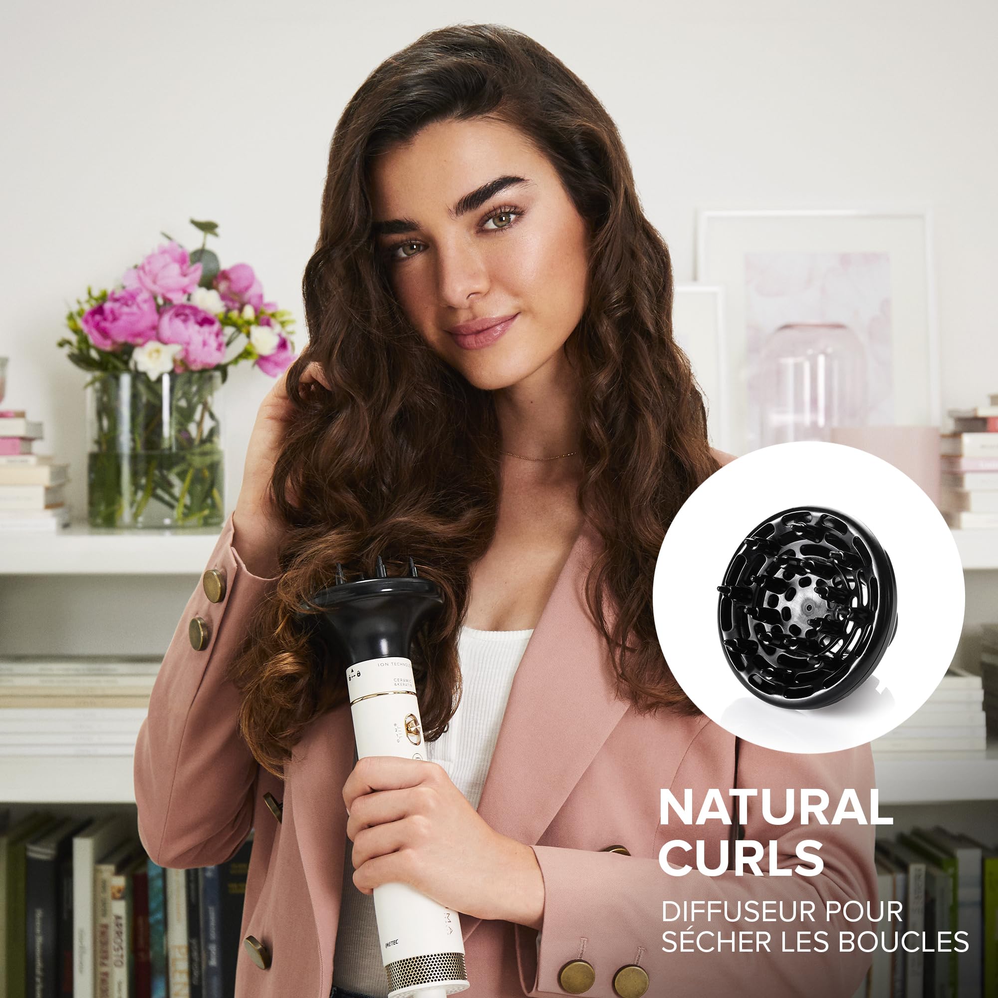 Bellissima Brosse Soufflante Ionique Air Wonder - Brosse Chauffante Brushing, Brosses en Céramique, Enduites de Kératine - 2 Températures et Air Frais - Sèche, Volume, 8 Accessoires Inclus, 1000 W