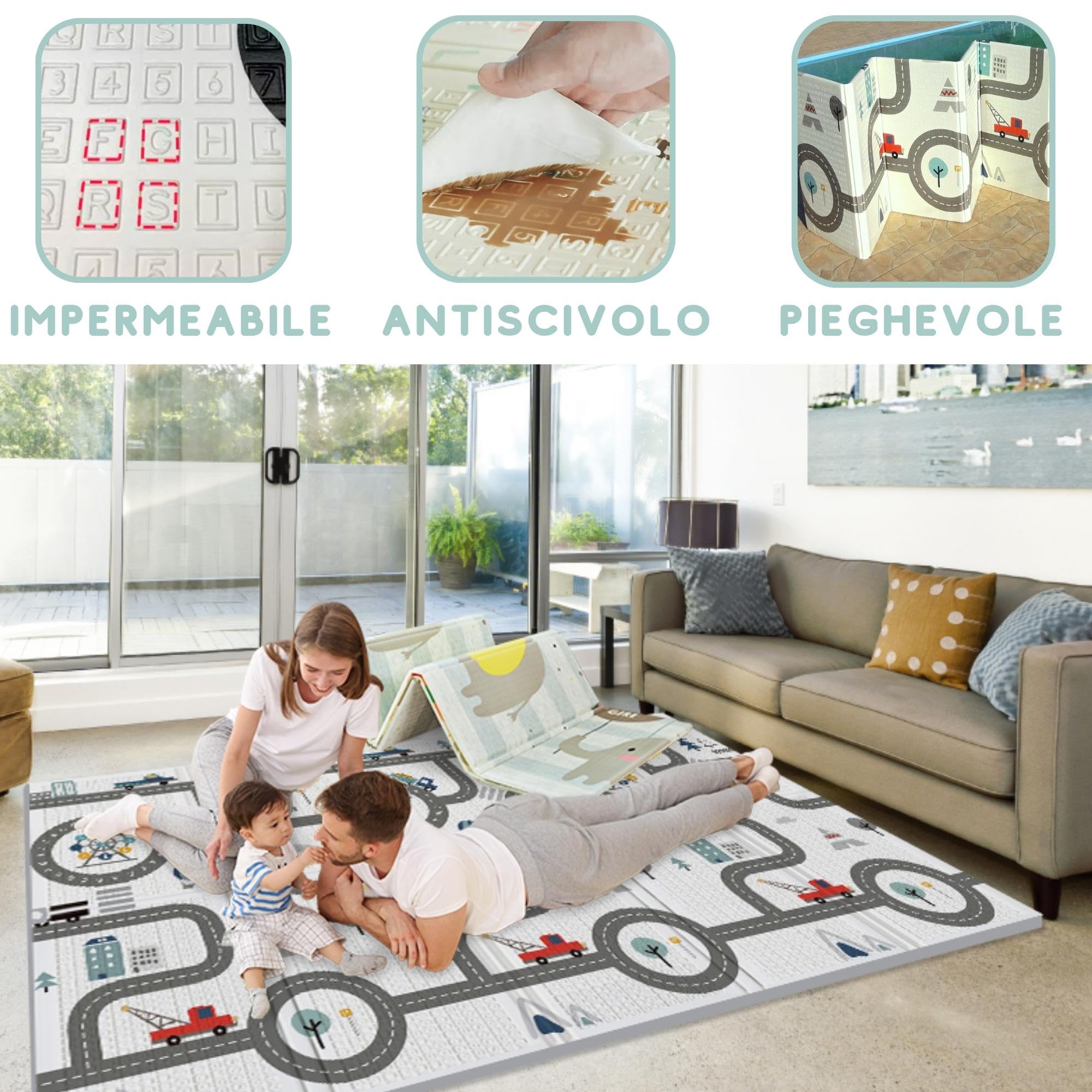 HuBorns - Tappeto Gioco Bambini Pieghevole 200x180 cm, Reversible, Impermeabile e con Bordi Cuciti, Tappeto Gioco Neonato per una Sicurezza Extra per il Neonato, Morbido Tappeto Neonato Gattonamento