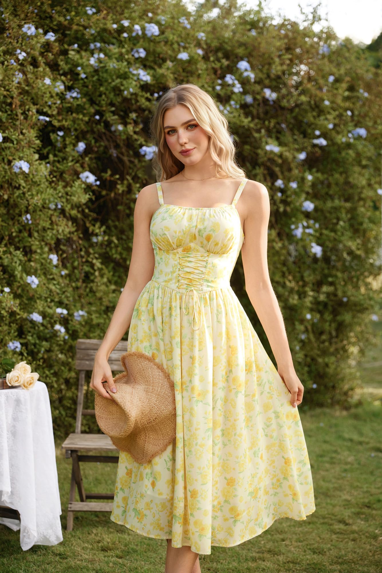 SCARLET DARKNESS Robe d'été pour femme - Robe d'été décontractée à motif floral - Sans manches - Bretelles spaghetti - Robe corset victorienne pour femme