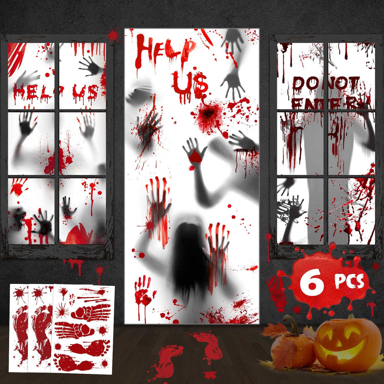 Halloween Giant Bloody Handprint Decorations, 3 PCS Halloween Door Cover Window Poster with 3 Window Clings, Halloween Props Poster Scary Zombie Creepy for Haunted House Decor Halloween Party Favor
