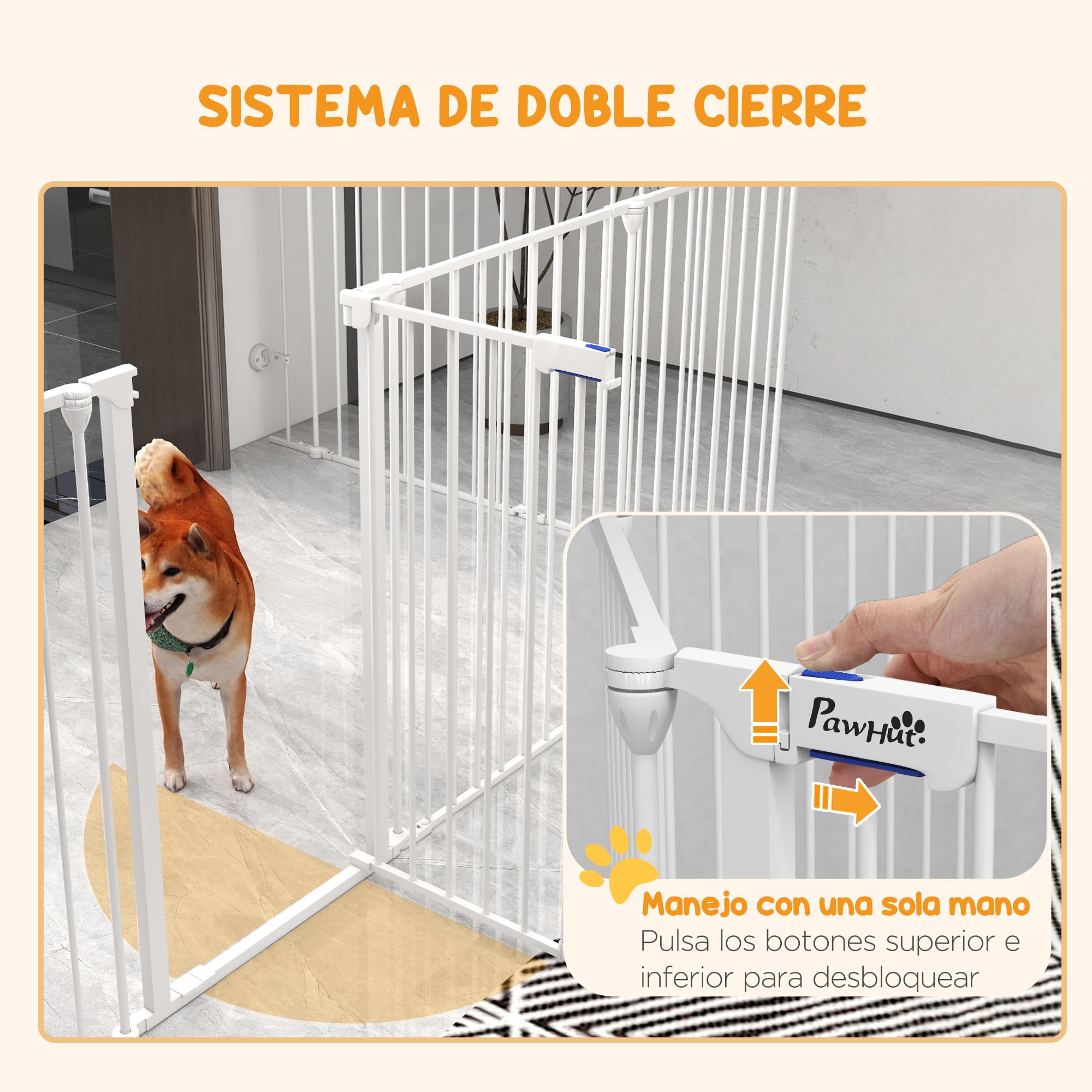 PawHut Parque para Perros de 8 Paneles 64x90 cm Corralito para Mascotas Plegable de Acero con Doble Cerradura Función de Bloqueo Auxiliar y Forma de Bricolaje para Pasillos Escaleras Blanco