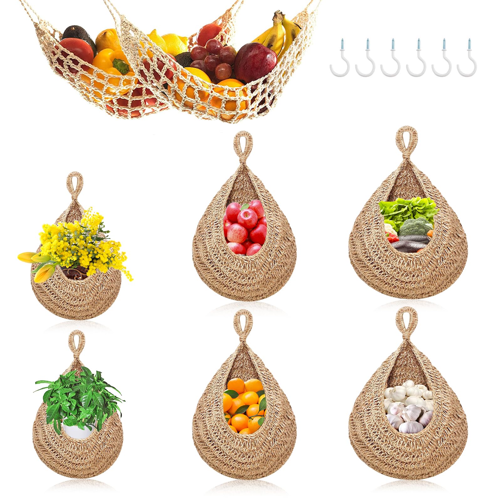 8 Pcs Jute Hanging Fruit Baskets for Kitchen Boho Hanging Basket Woven Hanging Wall Basket Storage Garlic Keeper for Potato Onion Banana Vegetable Produce Hammock Holder Home Kitchen Decor