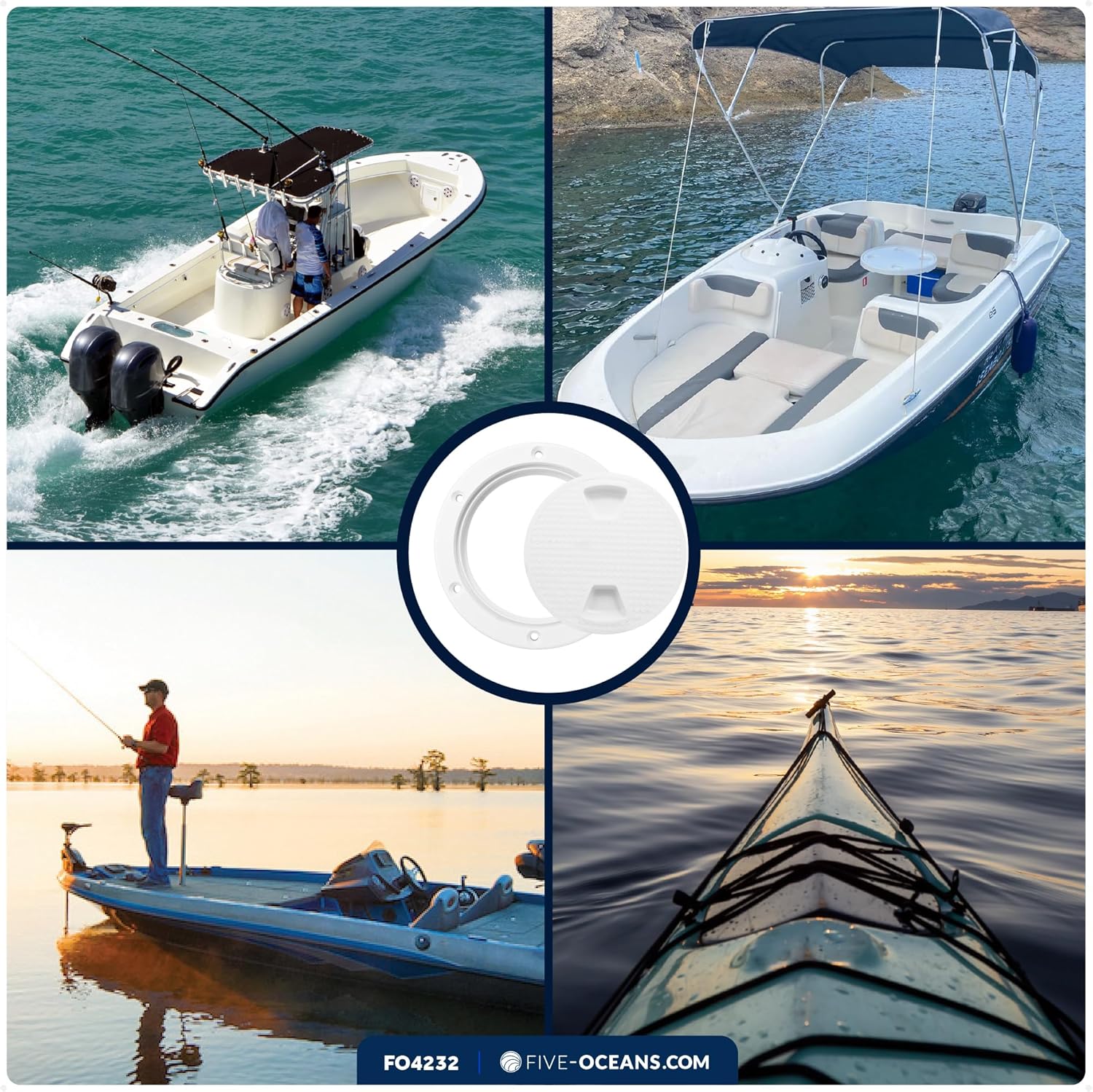 Five Oceans Boat Hatch, Marine Access Hatch, Round Inspection Deck Plate Hatch with Detachable Cover, Non-Slip, UV Resistant ABS White Plastic, 4", 6", 8" Multiple Sizes, Premium Series