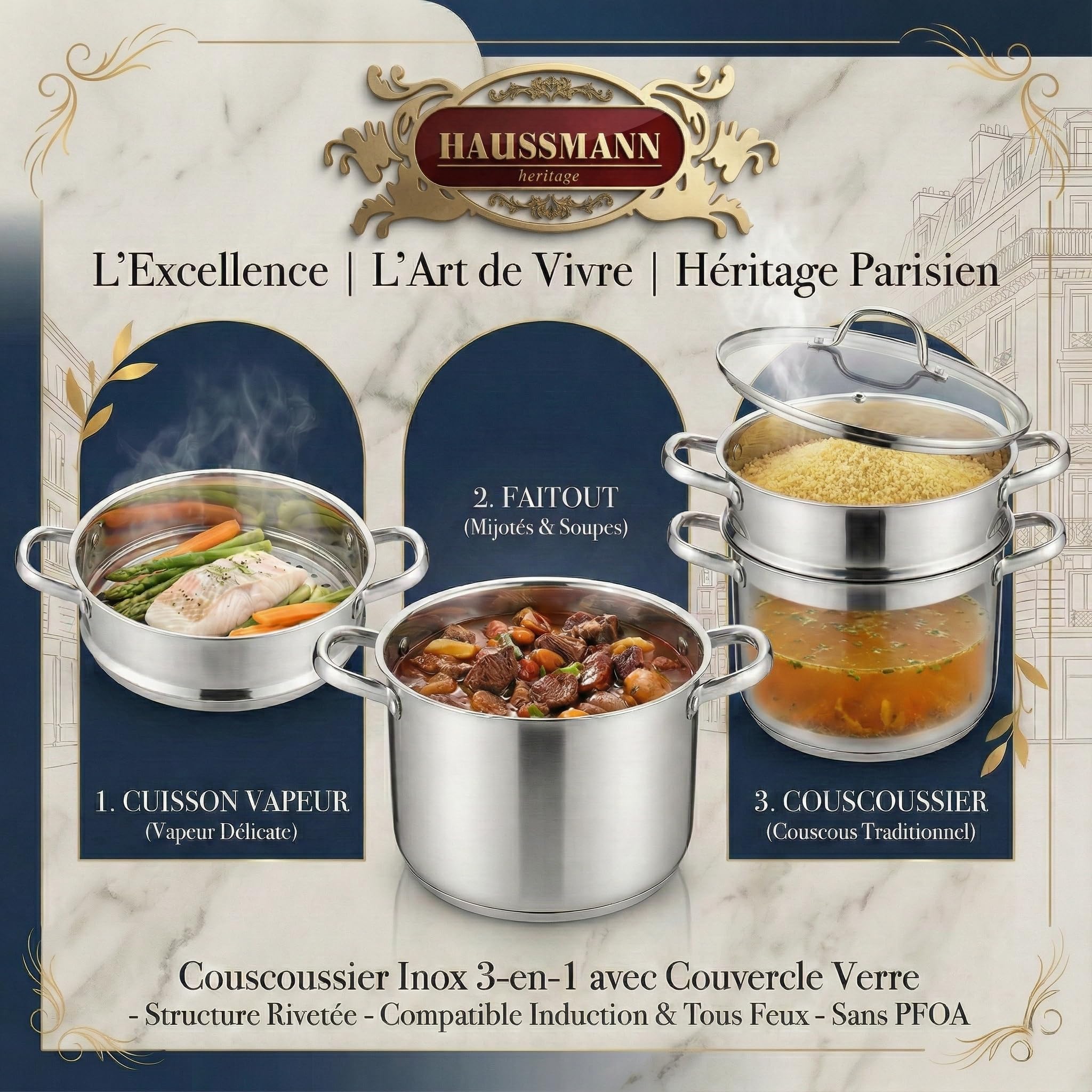 Haussmann Héritage - Couscoussier 3 en 1 Acier Inoxydable (4L/18x15x8cm) - Cuit Vapeur & Faitout - Inclut Panier à Semoule - Couvercle Verre - Compatible Induction & Lave-vaisselle - Sans PFOA