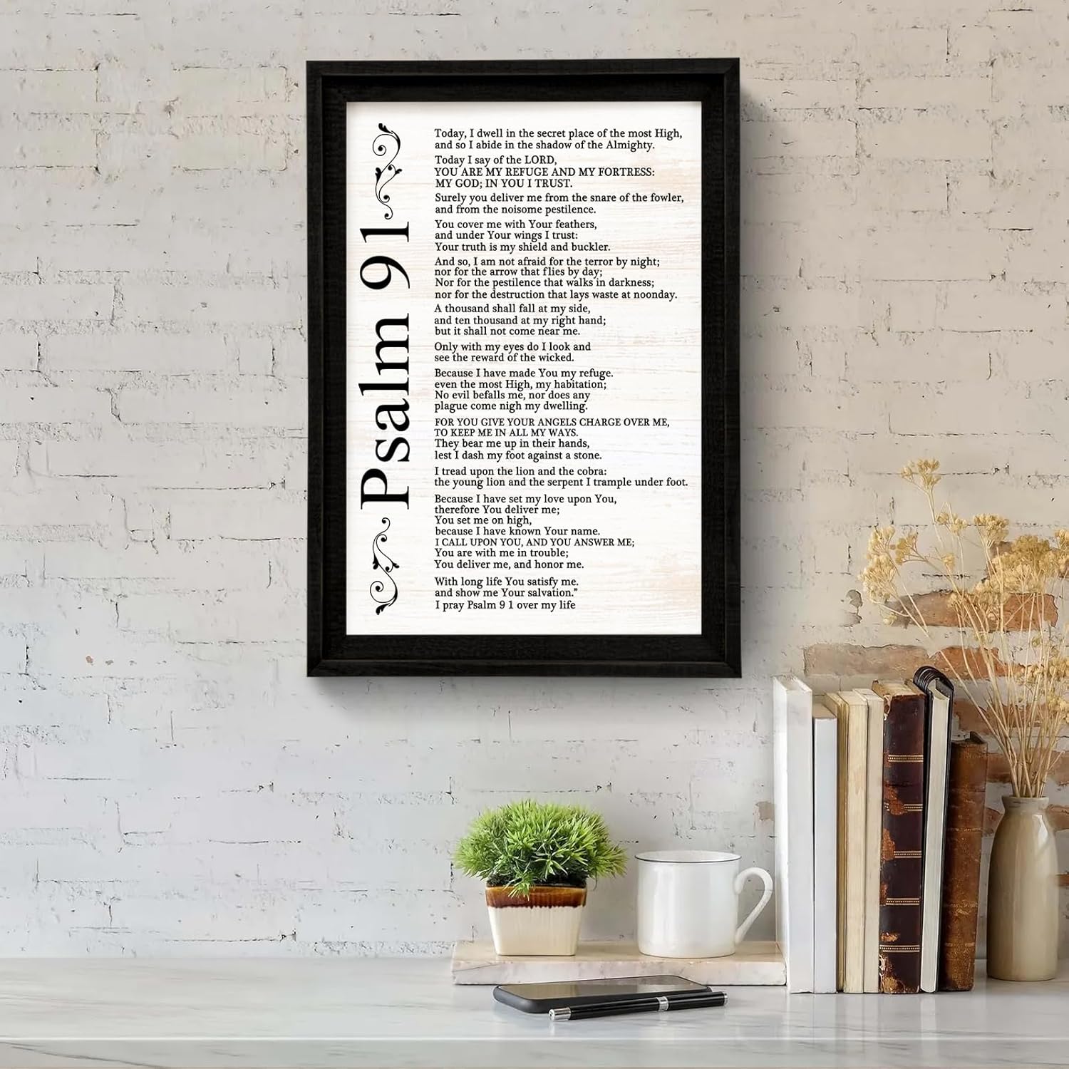 Psalm 91 Vintage Rustic Bible Verse Framed Wall Art, 16''×23'' Positive Religious Christian Lords Prayer Sign for God Jesus Christ Prayer, Holy Horizontal Inspirational Catholic Scripture Decor 91-Black 23"x16"