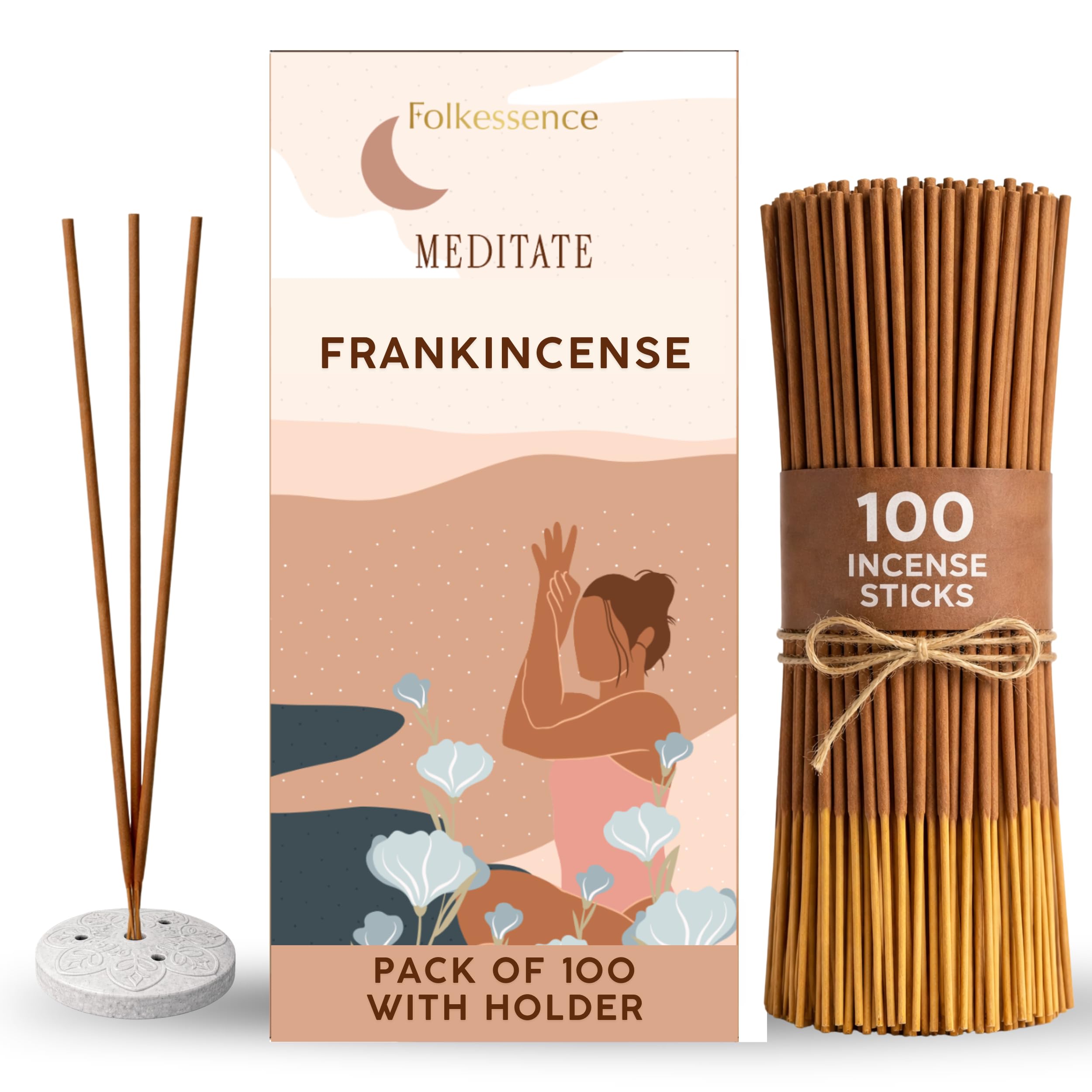 Folkulture Frankincense Incense Sticks | Set Of 100 Insence-Sticks With Holder For Relaxation | Unwind Ritual Incense | Organic, Slow Burning & Non Toxic Inscents For Meditation |Relaxing, Meditation